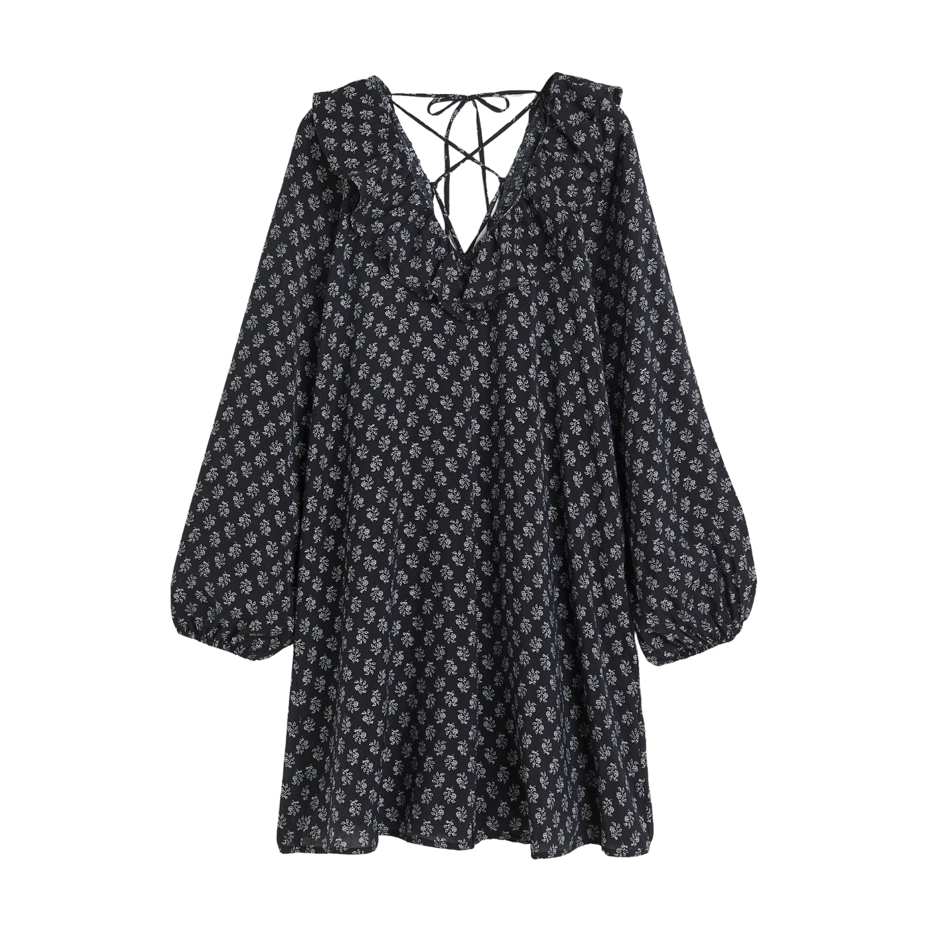 Vestido curto preto com padrão de flores brancas e folhos na gola