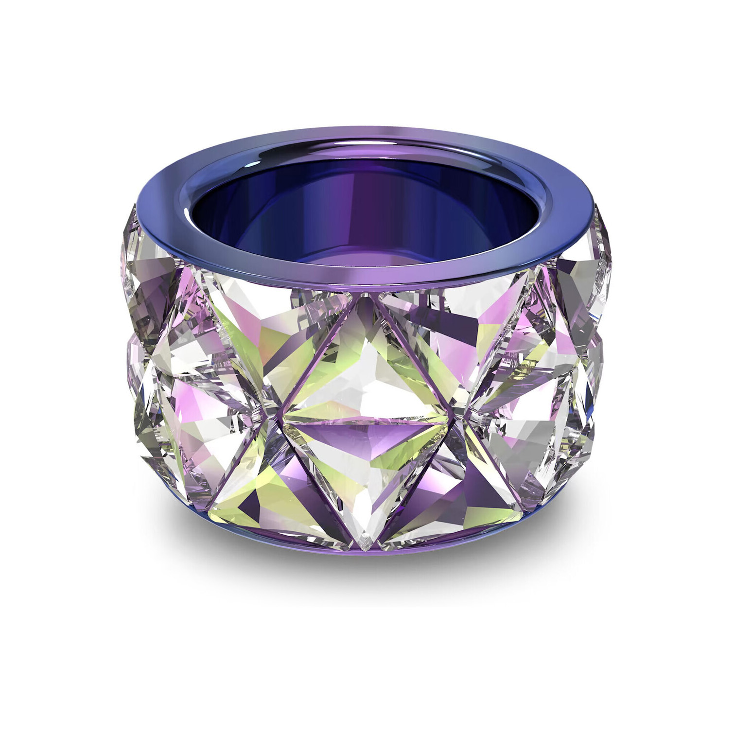 Anel largo em metal roxo com vidro facetado translúcido