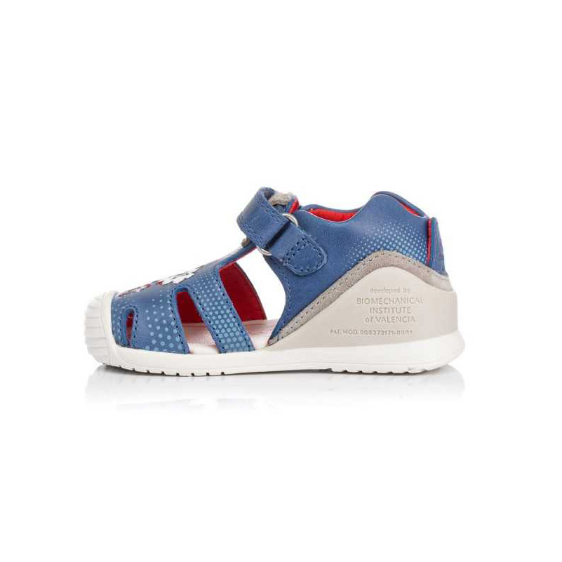 Sandália infantil azul, castanha e branca com fecho de velcro