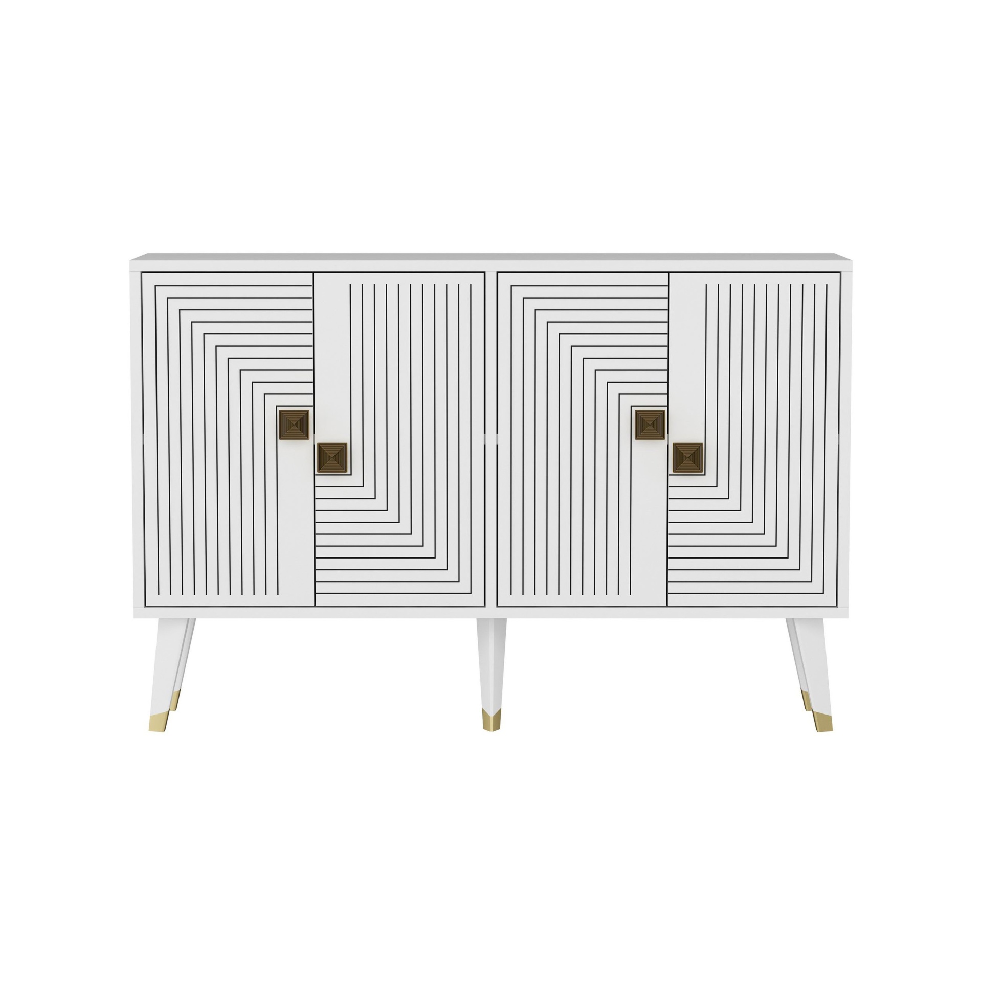 Móvel branco com linhas geométricas negras e detalhes dourados nos puxadores e pés.