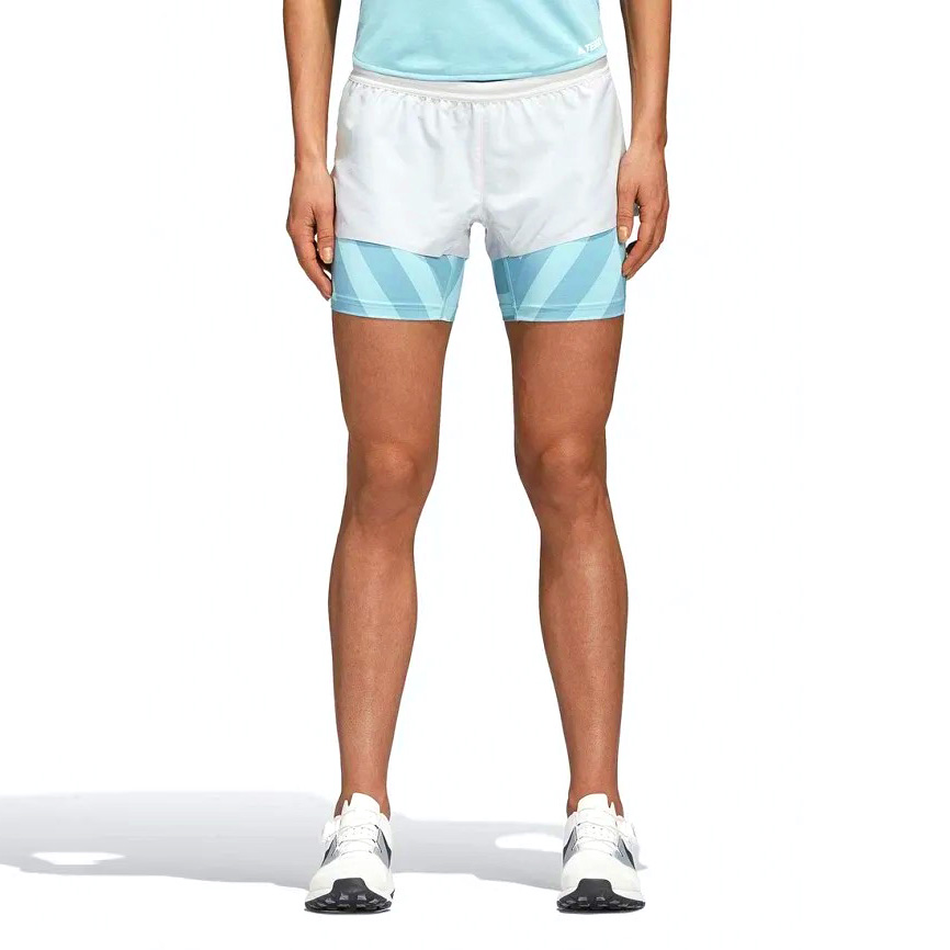 Calções duplos desportivos femininos brancos e azuis com padrão geométrico