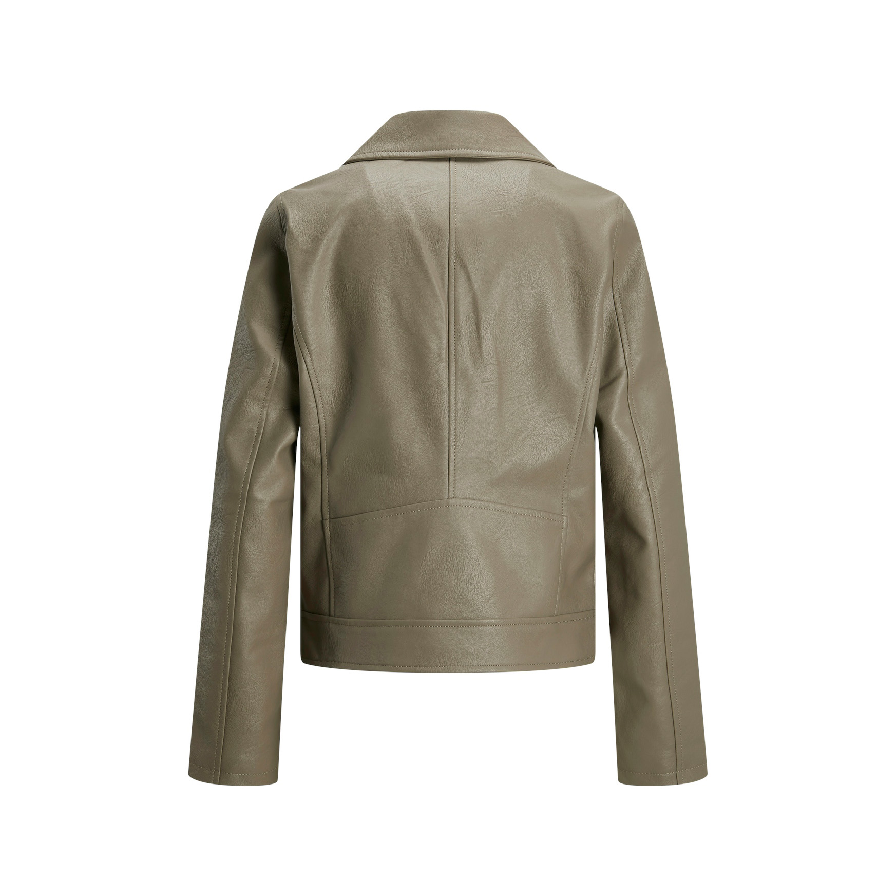 Casaco de pele sintética verde-acinzentada visto de costas