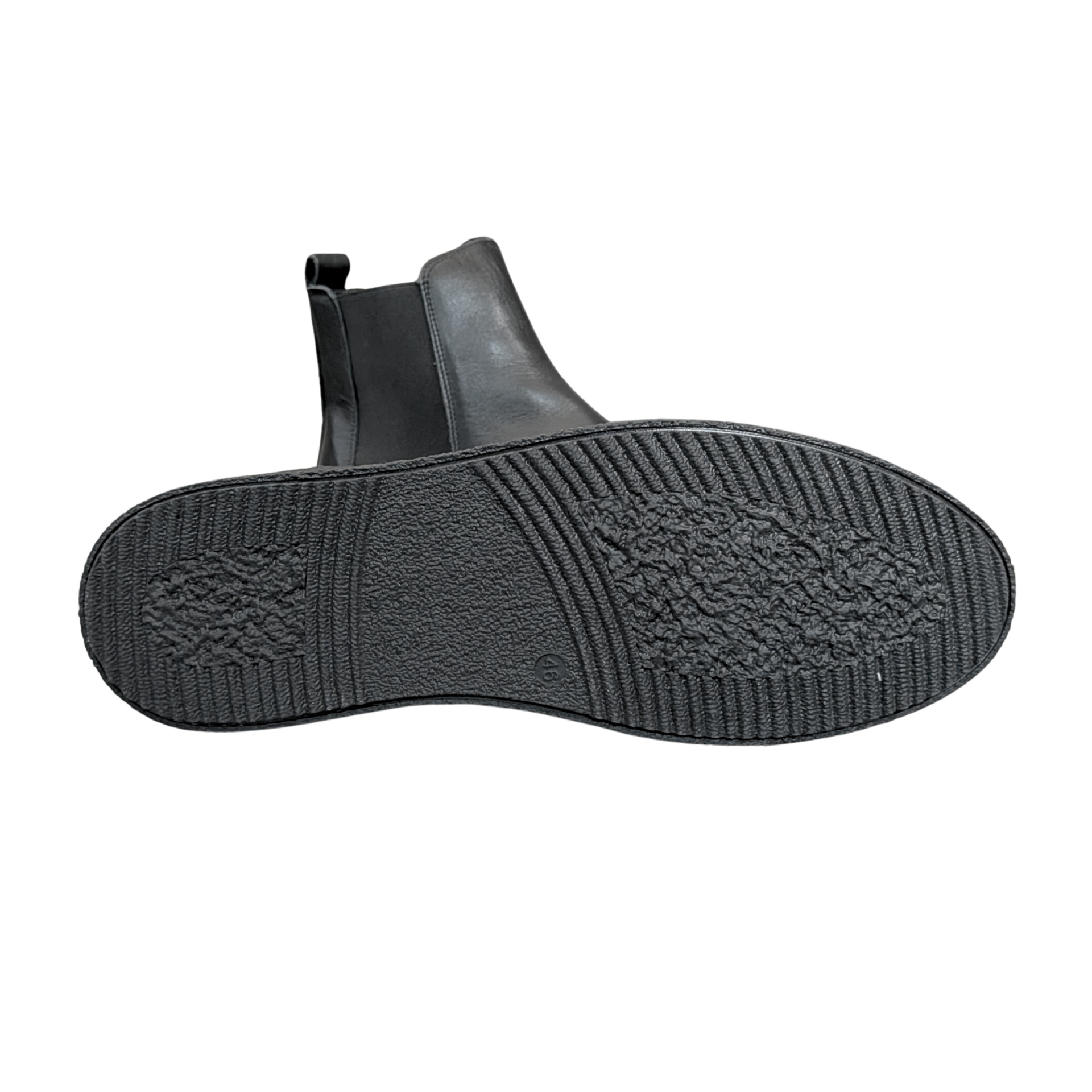 Botas Chelsea pretas de couro, vista debaixo e lateral