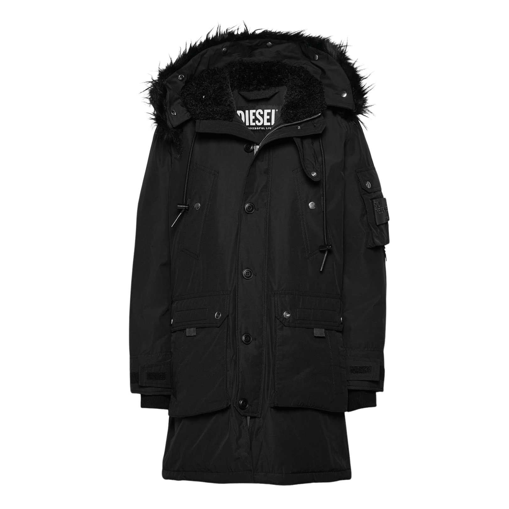 Casaco comprido preto com capuz forrado a pele sintética preta e vários bolsos.