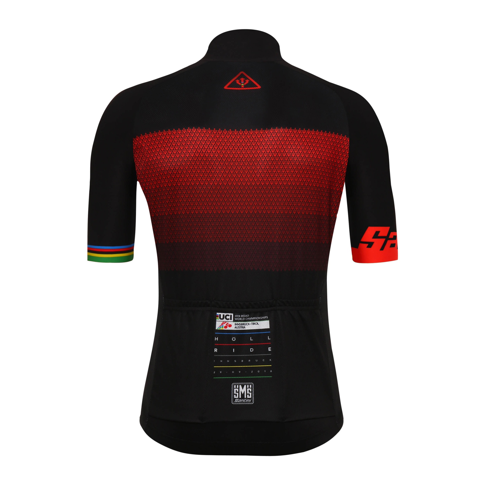 Camisola ciclismo preta e vermelha com detalhes coloridos e etiquetas