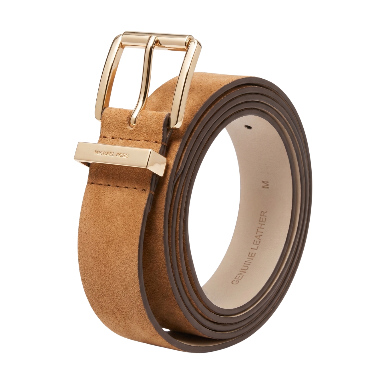 cinto de couro camel com fivela dourada e etiqueta MICHAEL KORS
