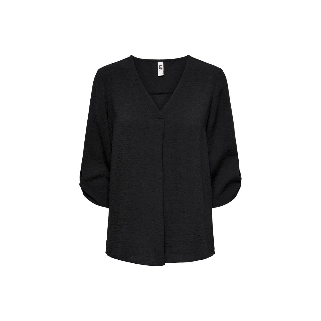 blusa preta de manga 3/4 com gola em V