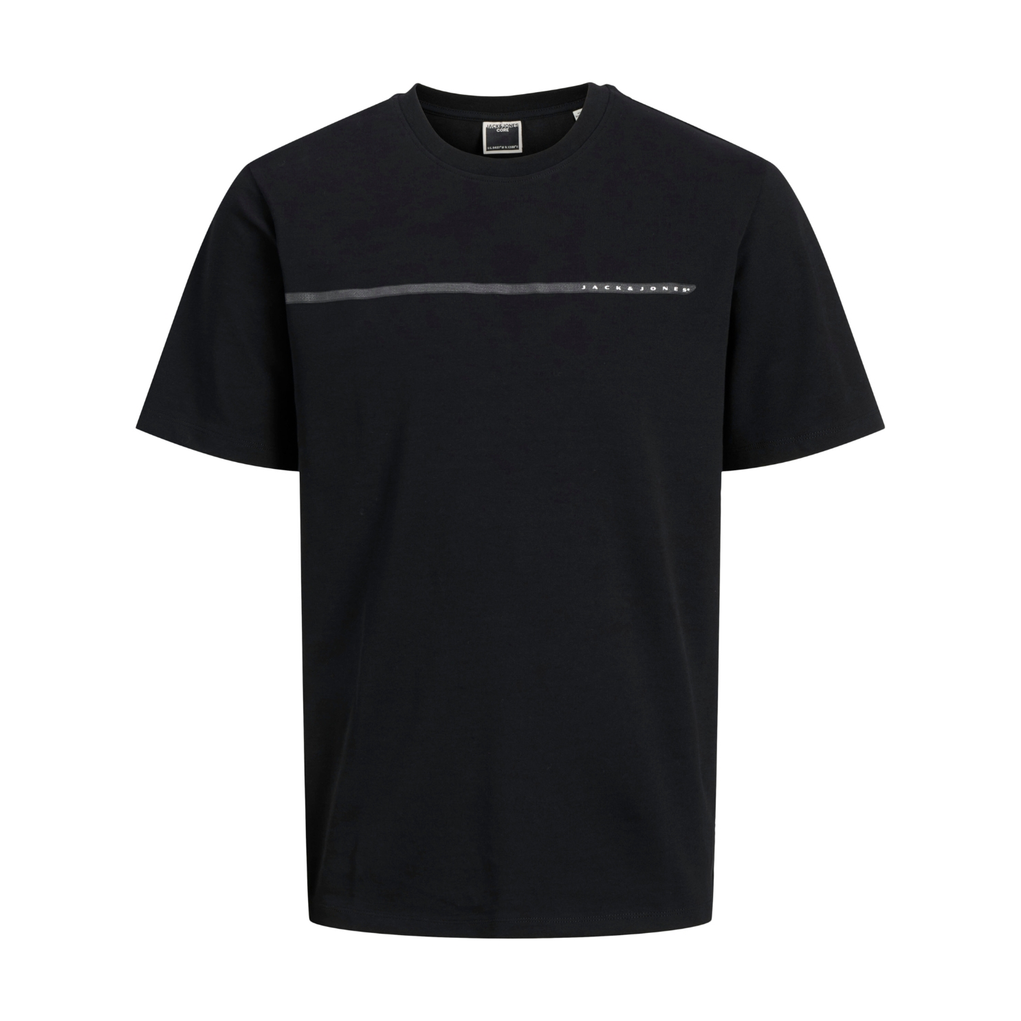 T-shirt preta com linha cinzenta e texto JACK&JONES no peito