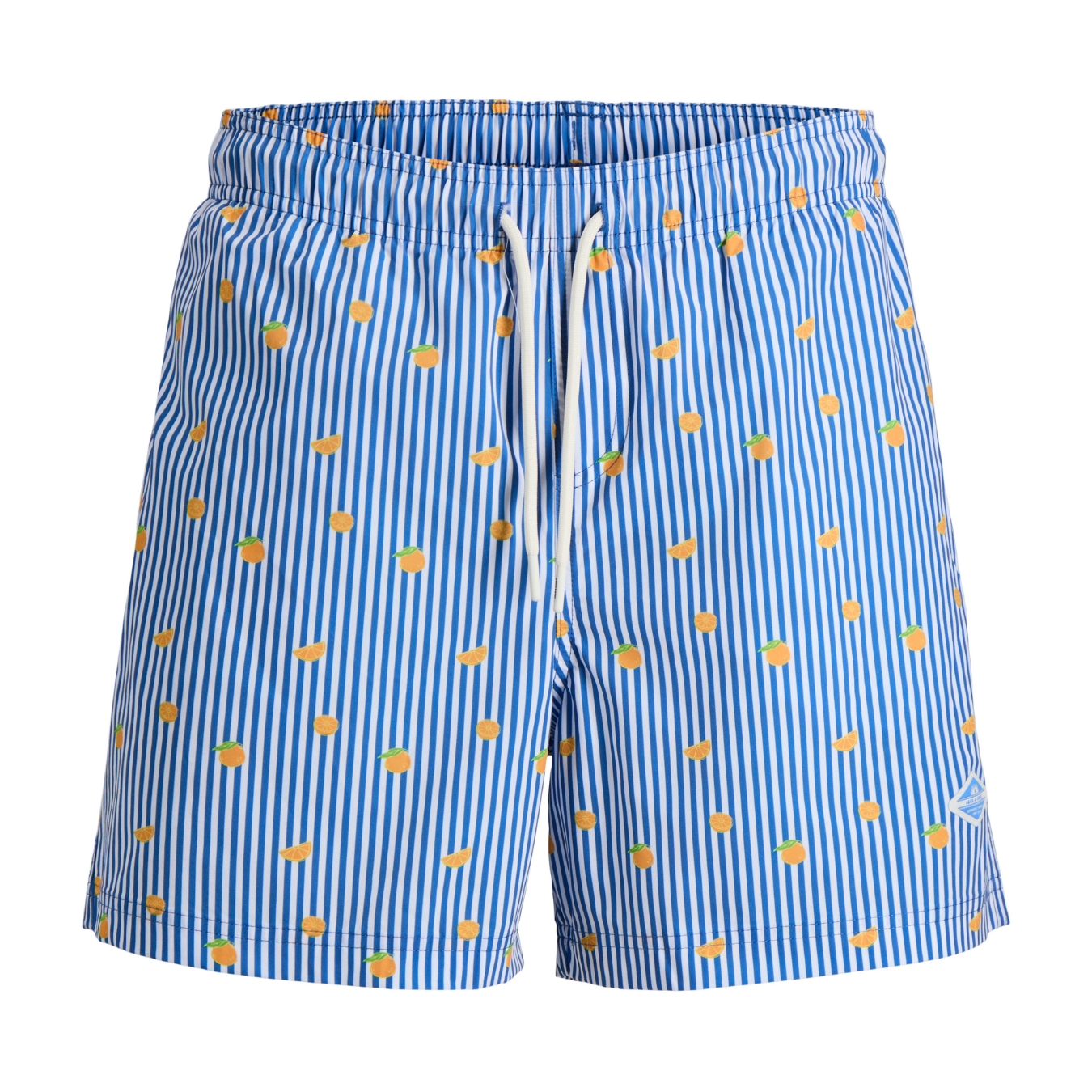 Calções de banho azuis às riscas com padrão de laranjas e cordão branco.