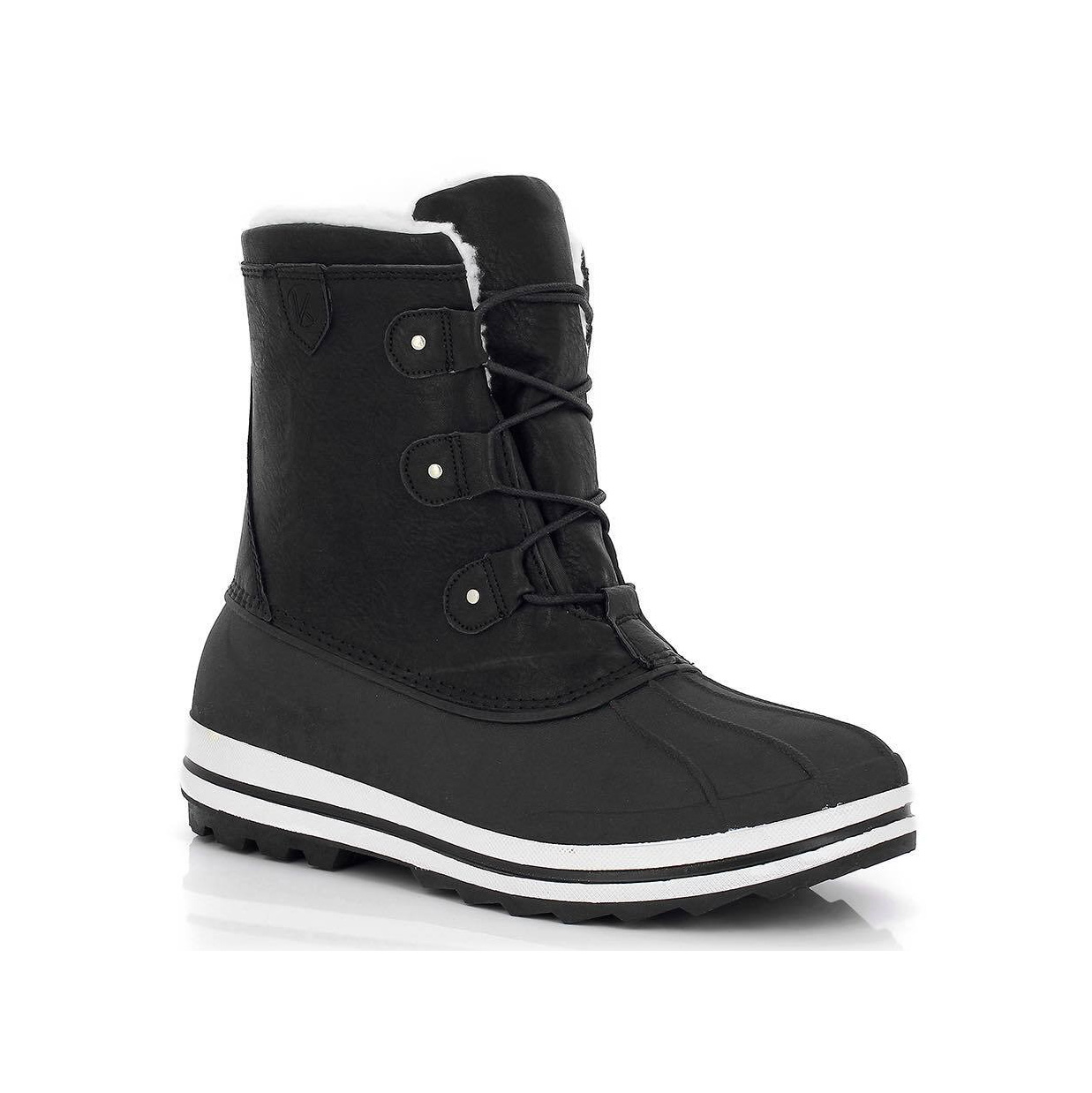 Bota de neve preta com sola preta e riscas brancas