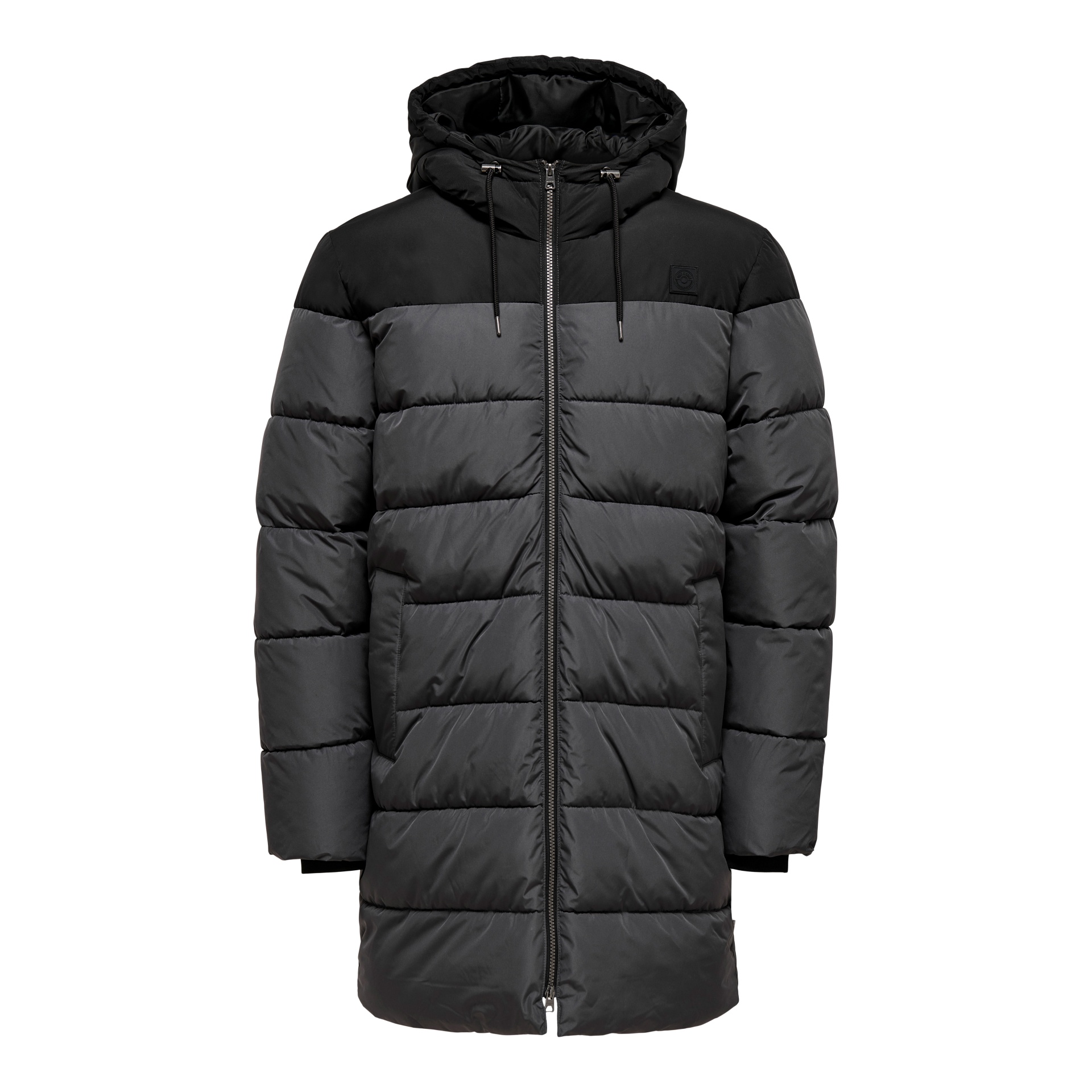 Casaco acolchoado comprido cinzento e preto com capuz