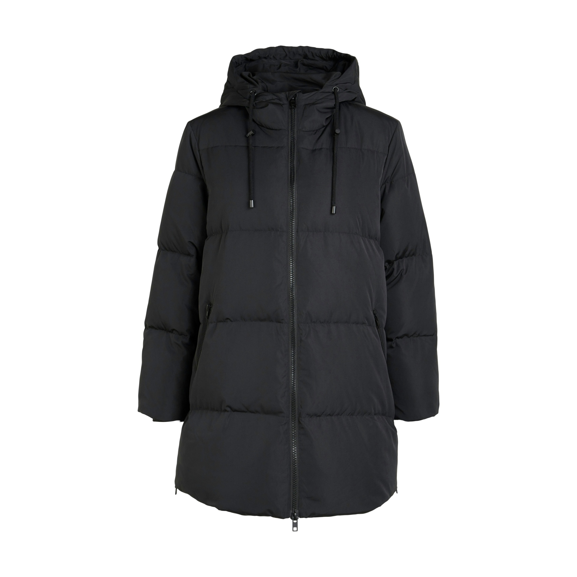 Casaco acolchoado preto com capuz e fecho central