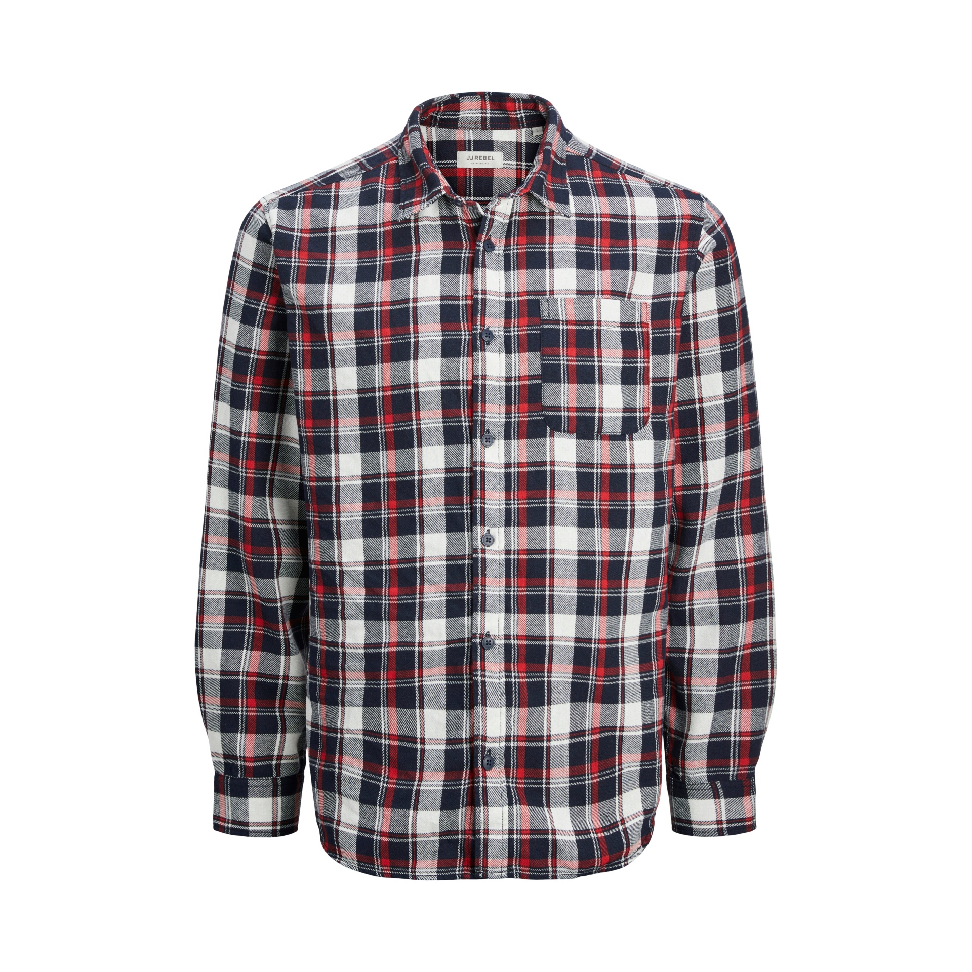 Camisa de manga comprida xadrez vermelha, branca e azul escuro com bolso no peito e botões à frente