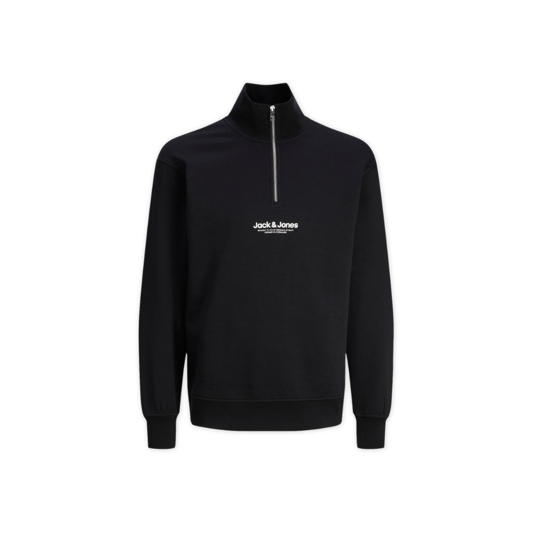 Sweatshirt preta Jack & Jones com fecho prateado e texto branco no peito