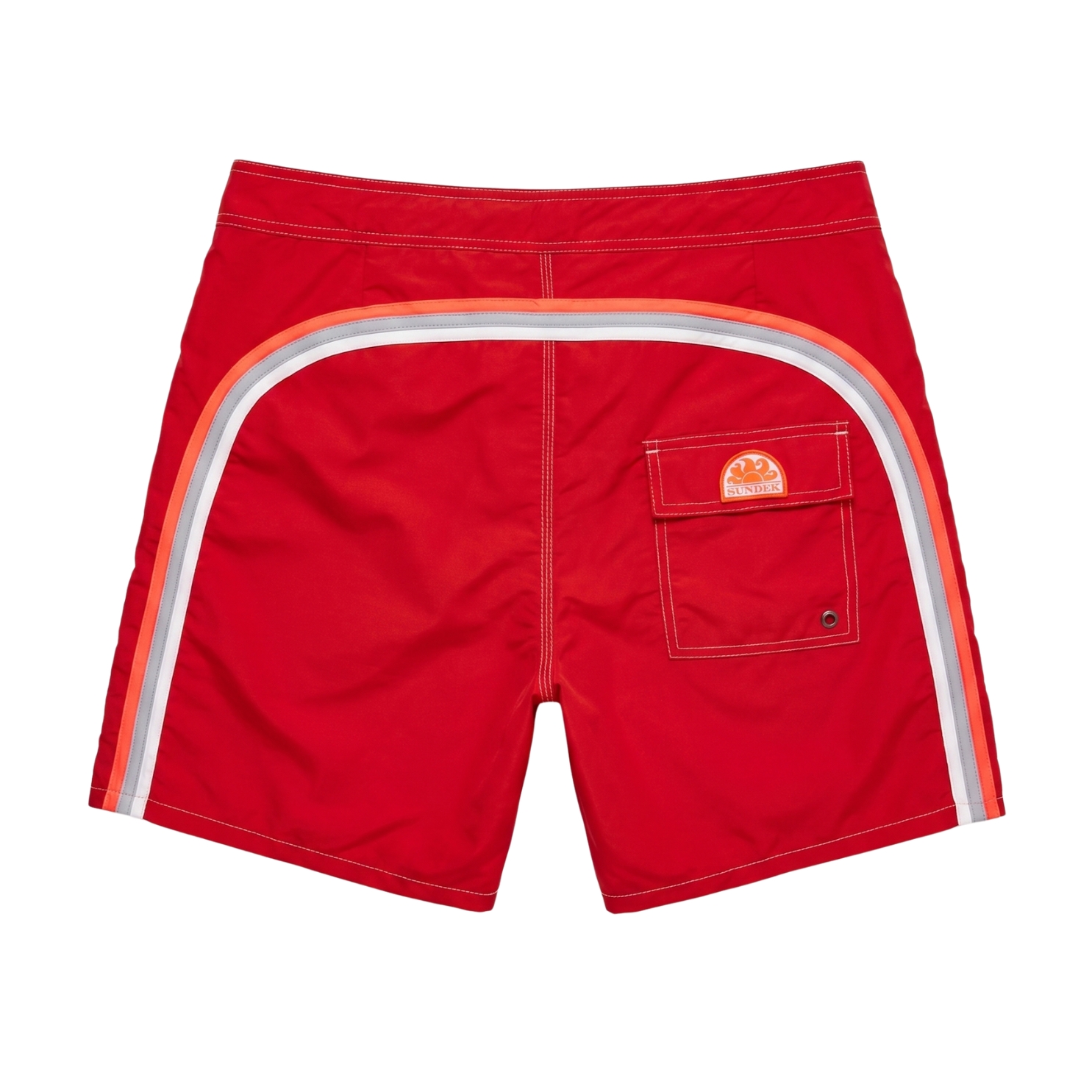 Calções de banho vermelhos com riscas laterais e bolso traseiro