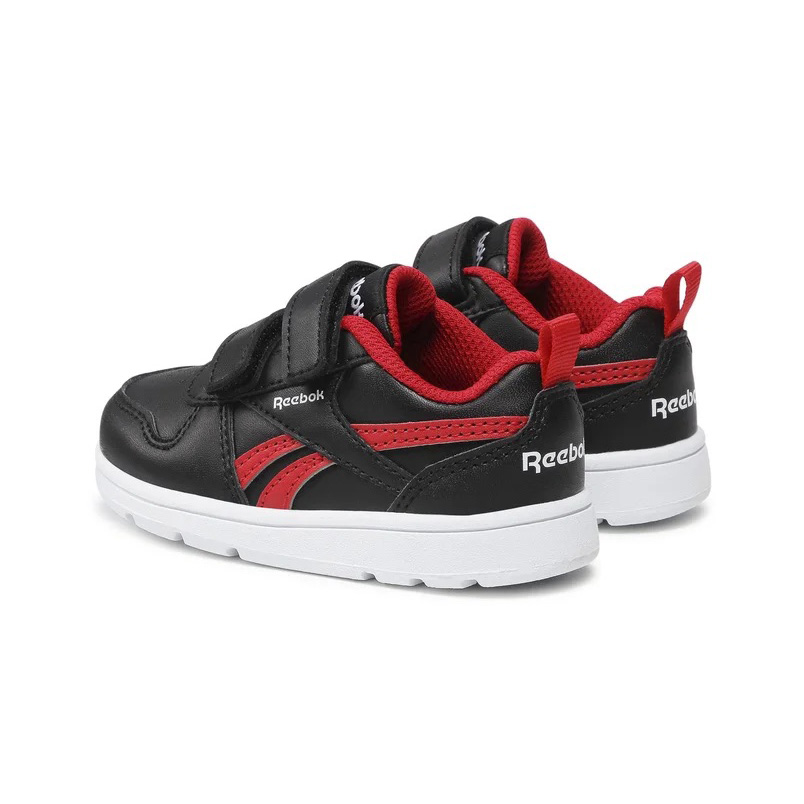 Sapatilhas infantis Reebok pretas e vermelhas com sola branca e fecho velcro