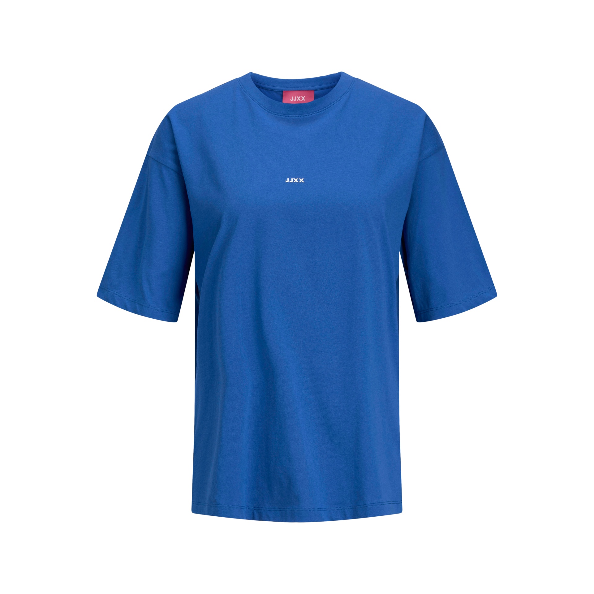 Camiseta azul de manga curta com texto branco 'JUNK' no peito