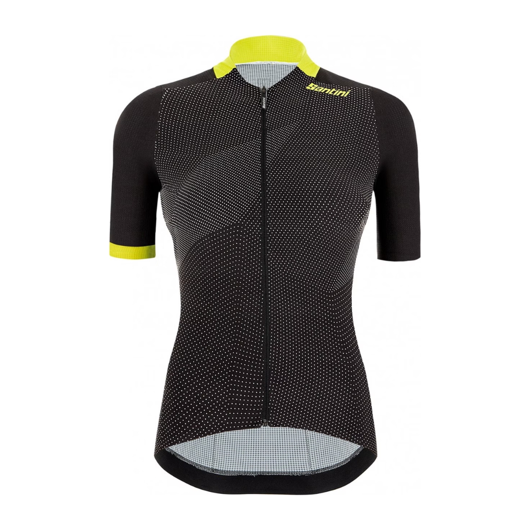 Camisa de ciclismo preta com pontos brancos e detalhes amarelos