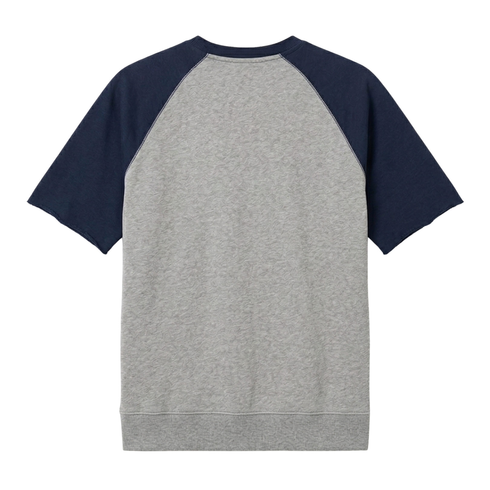 Camisola cinzenta e azul com mangas curtas vista de costas