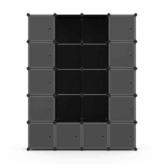 Estante modular de armazenamento com portas cinzentas e pretas, padrão floral.