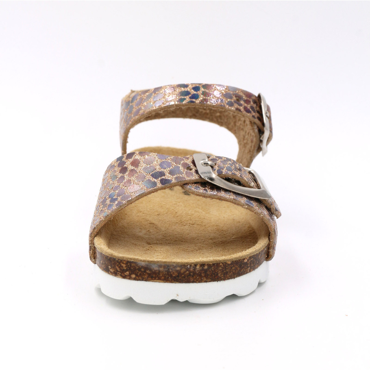 Sandália feminina castanha com padrão animal e fivelas metálicas