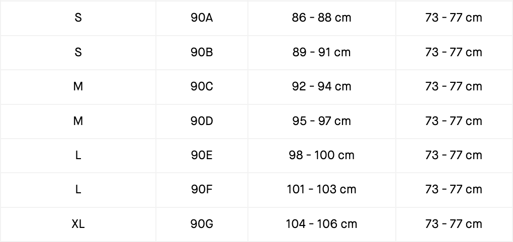 Tabela de tamanhos com códigos, tamanhos e medidas em centímetros