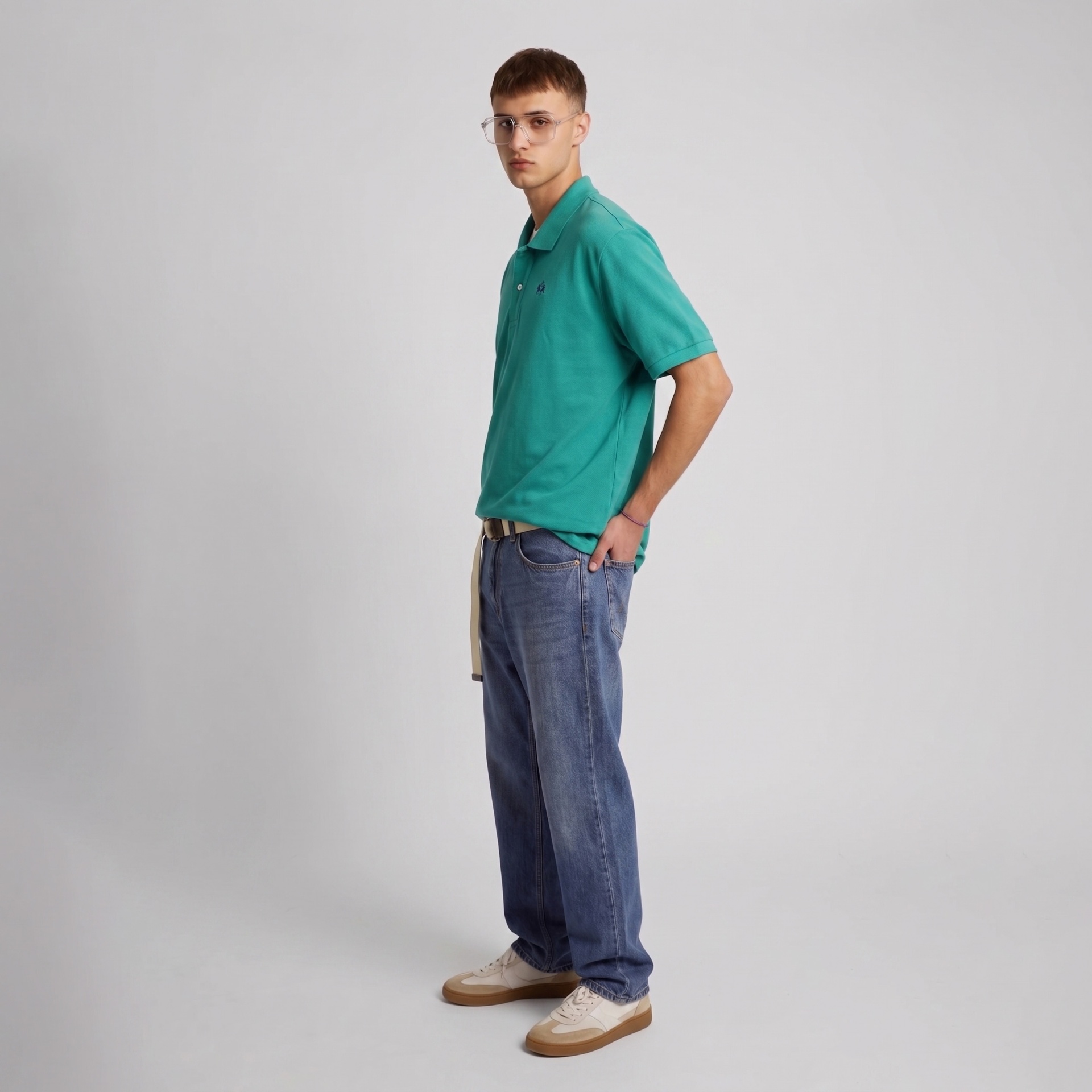 Homem de polo verde água, jeans azuis e tênis branco com sola castanha