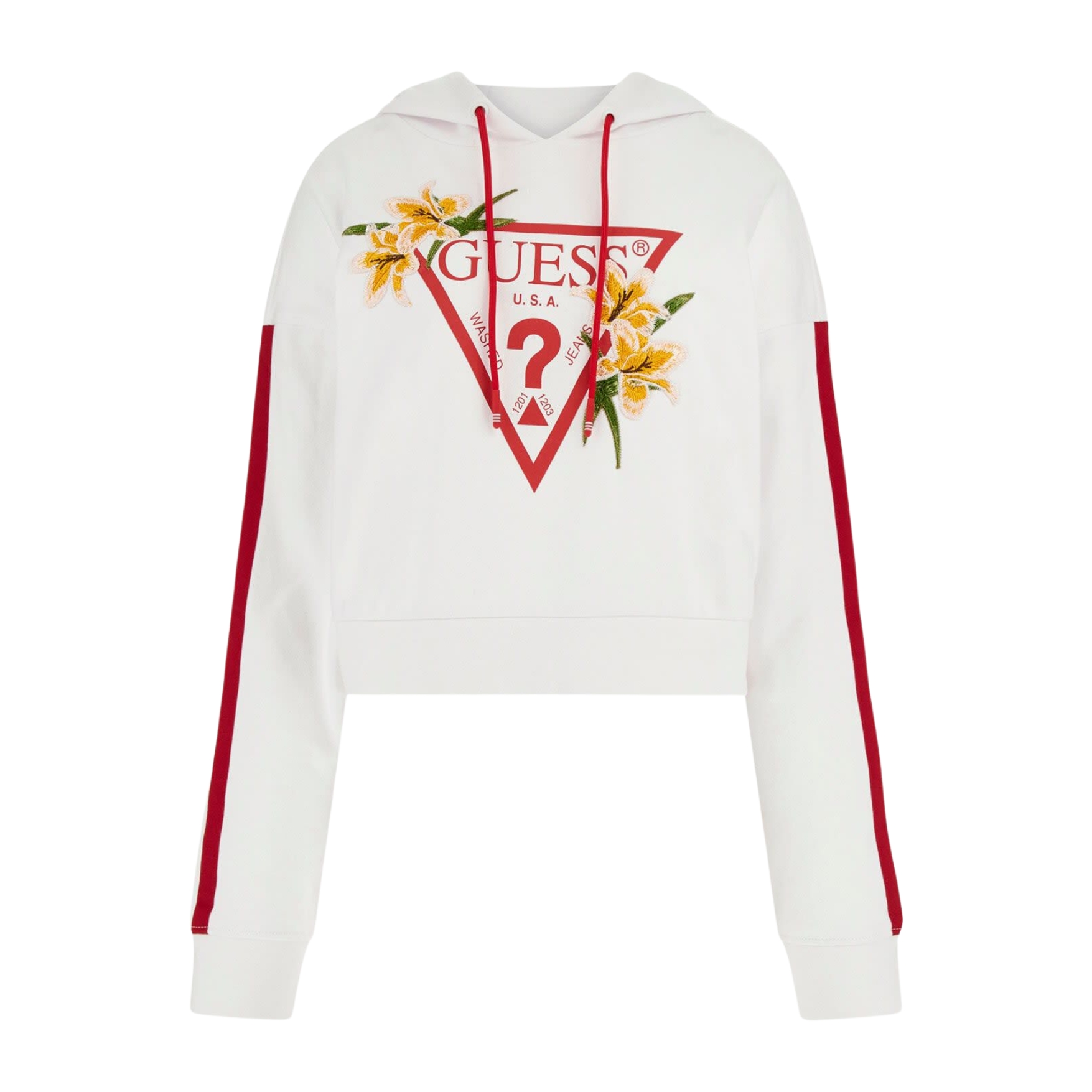 Sweatshirt cropped branca com capuz, riscas vermelhas e logótipo GUESS com flores.