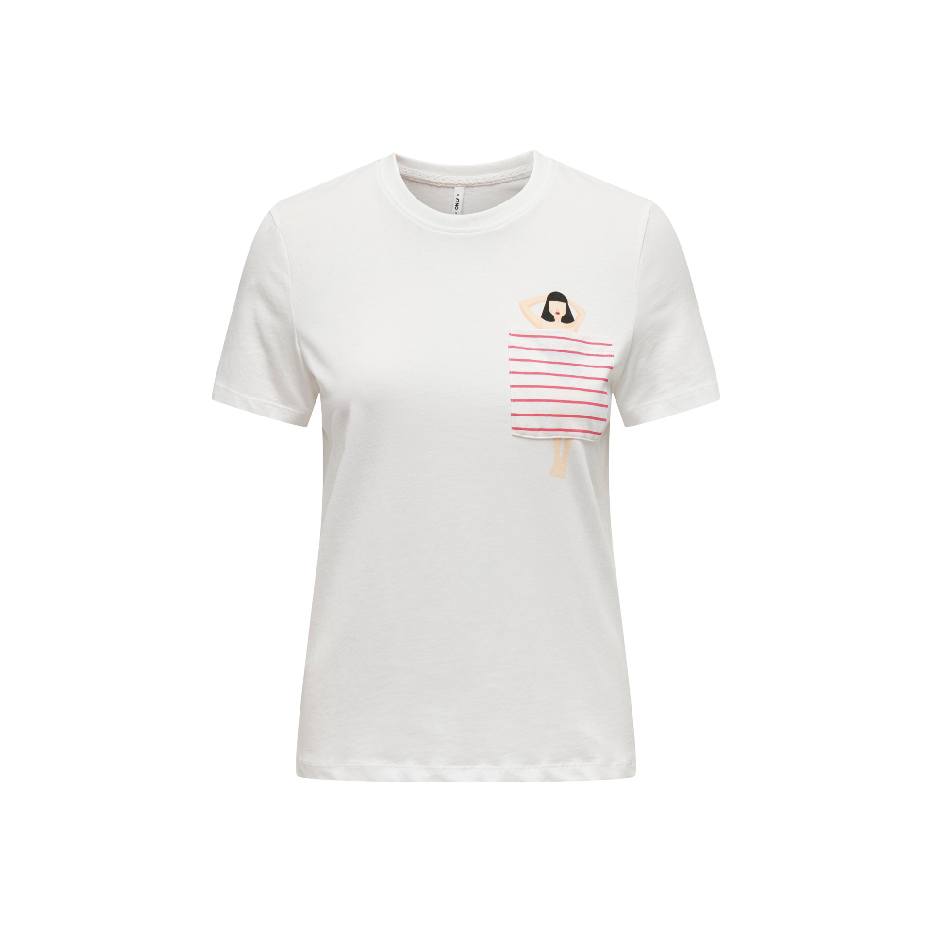 T-shirt branca com estampa de mulher e toalha às riscas vermelhas e brancas