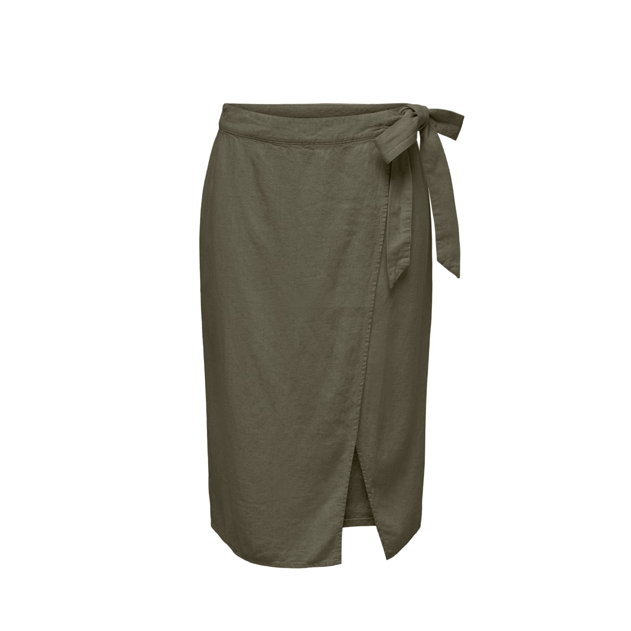 Saia feminina tipo envelope verde-oliva com cinto de amarrar