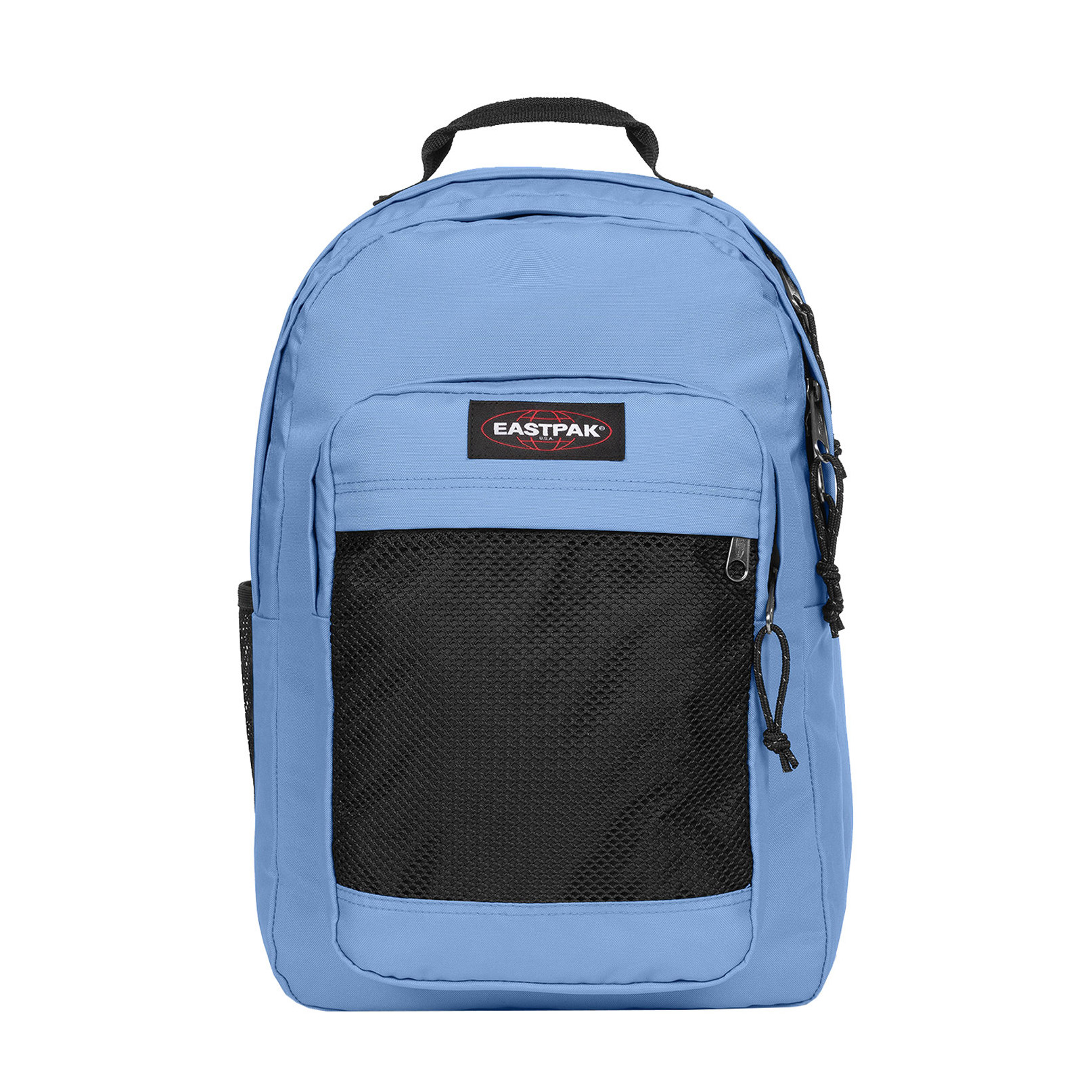 Mochila azul com bolso frontal preto e etiqueta EASTPAK