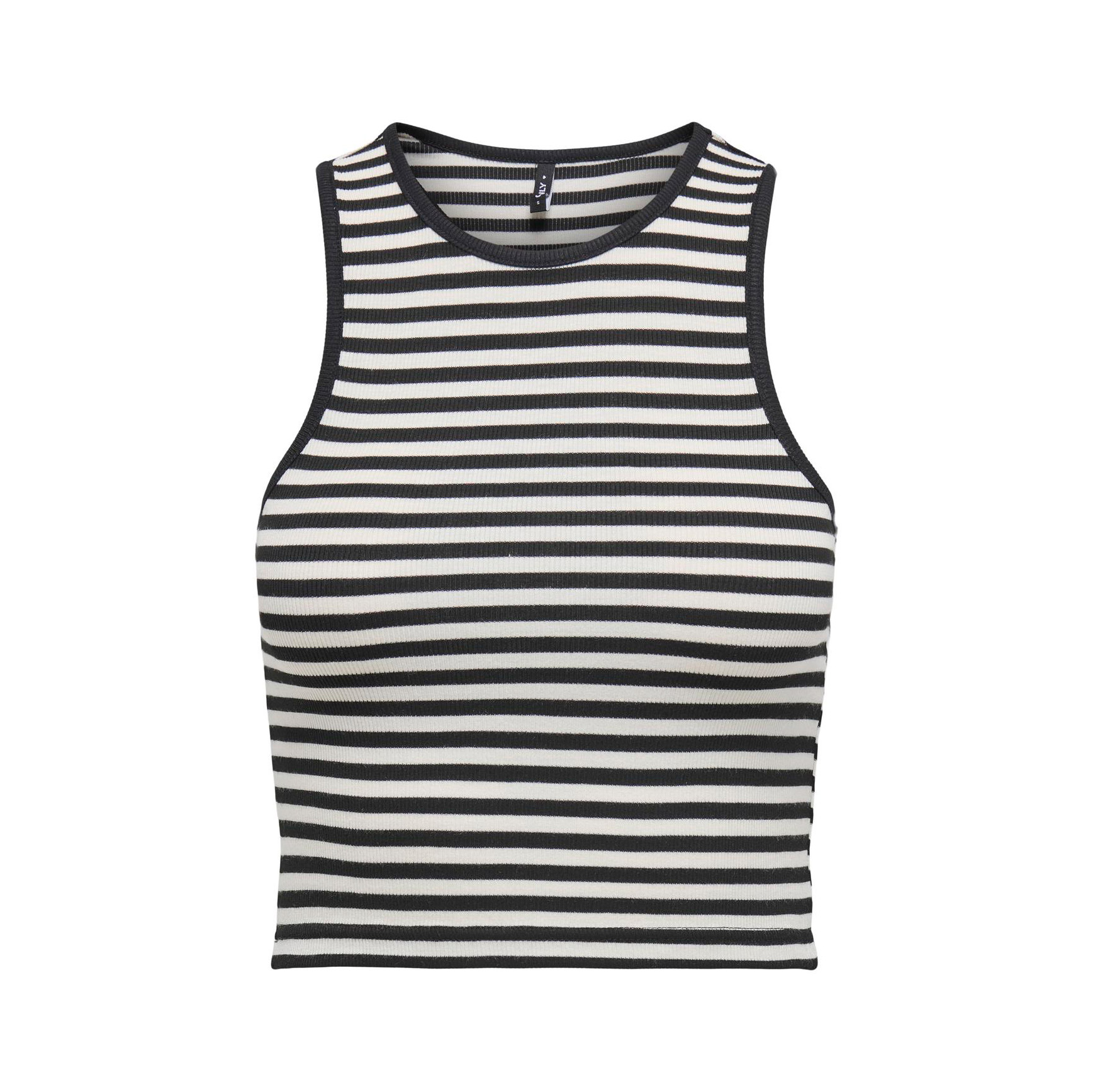 Top feminino às riscas pretas e brancas, com gola redonda e sem mangas.