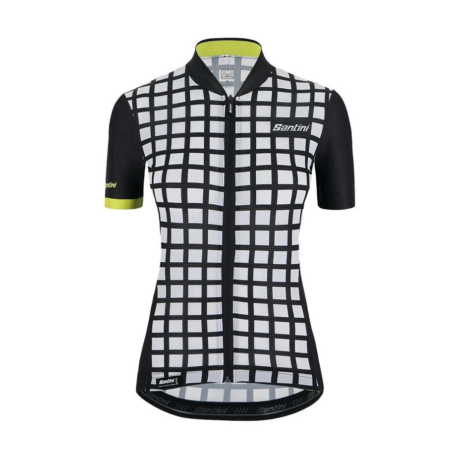 Camisola de ciclismo feminina preta e branca com padrão quadrado e detalhes amarelos.