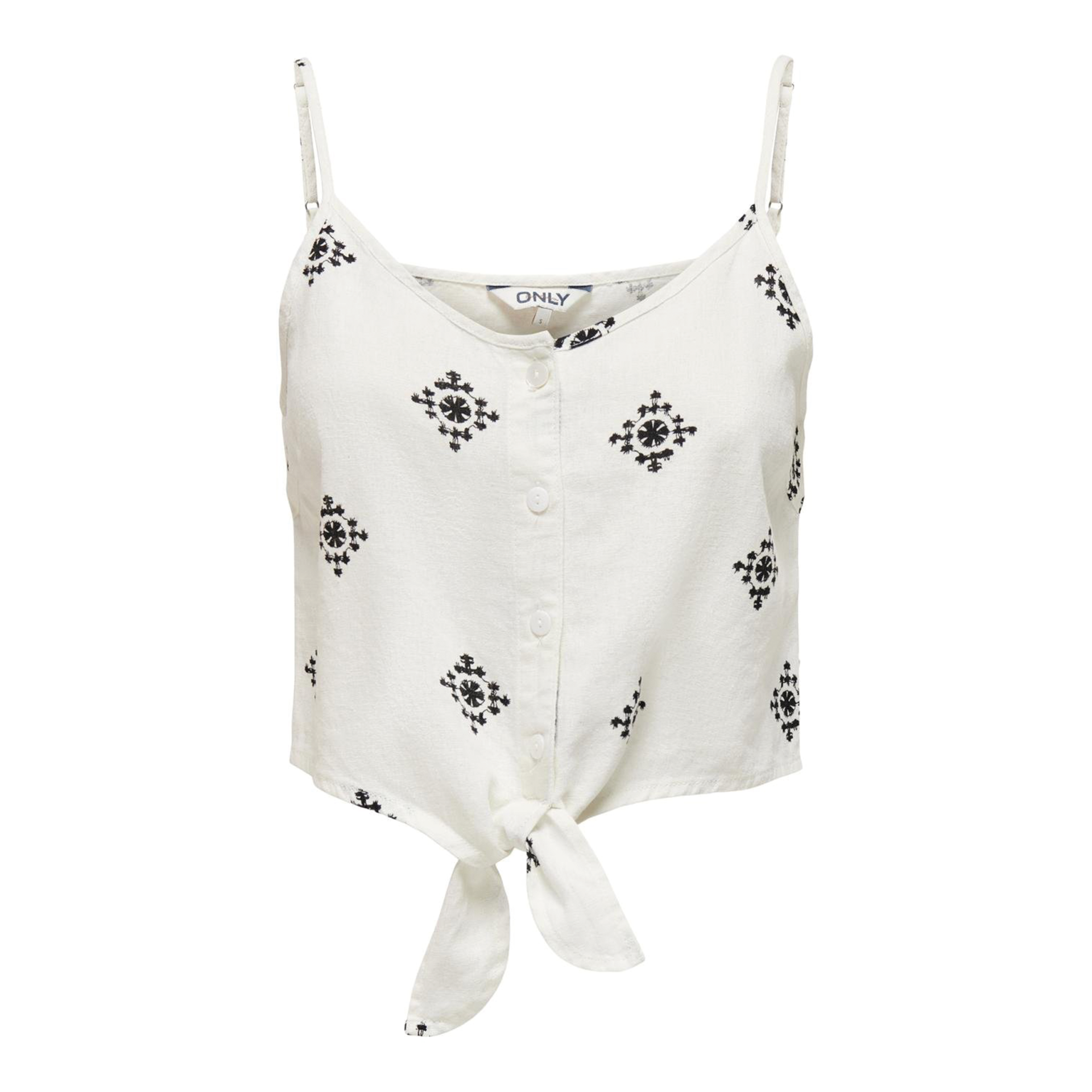 Top feminino branco com padrão geométrico preto, botões frontais e nó à frente