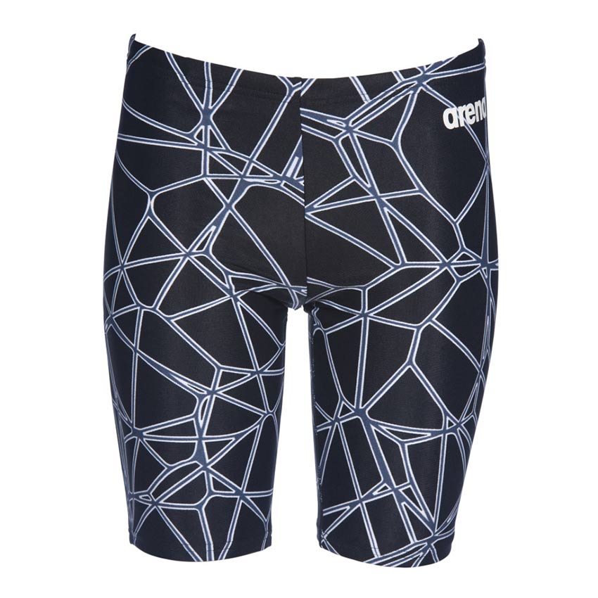 Calções de banho pretos com padrão geométrico branco e logo arena
