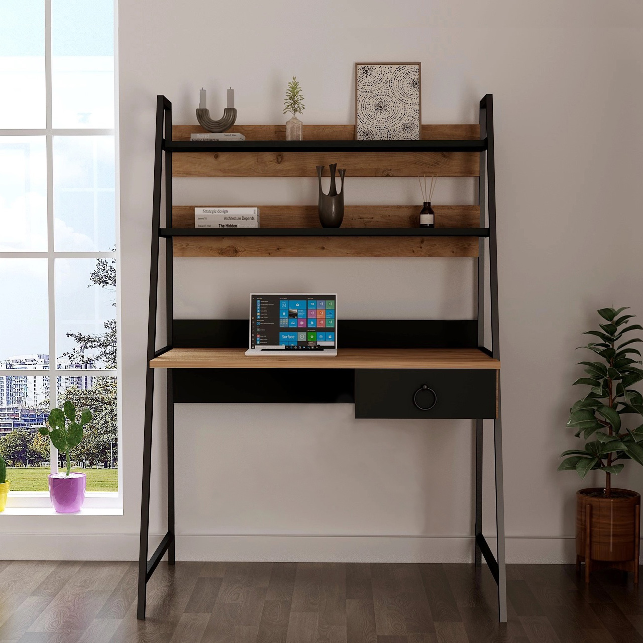 Escrivaninha com estrutura metálica preta e tampo de madeira clara em ambiente interior
