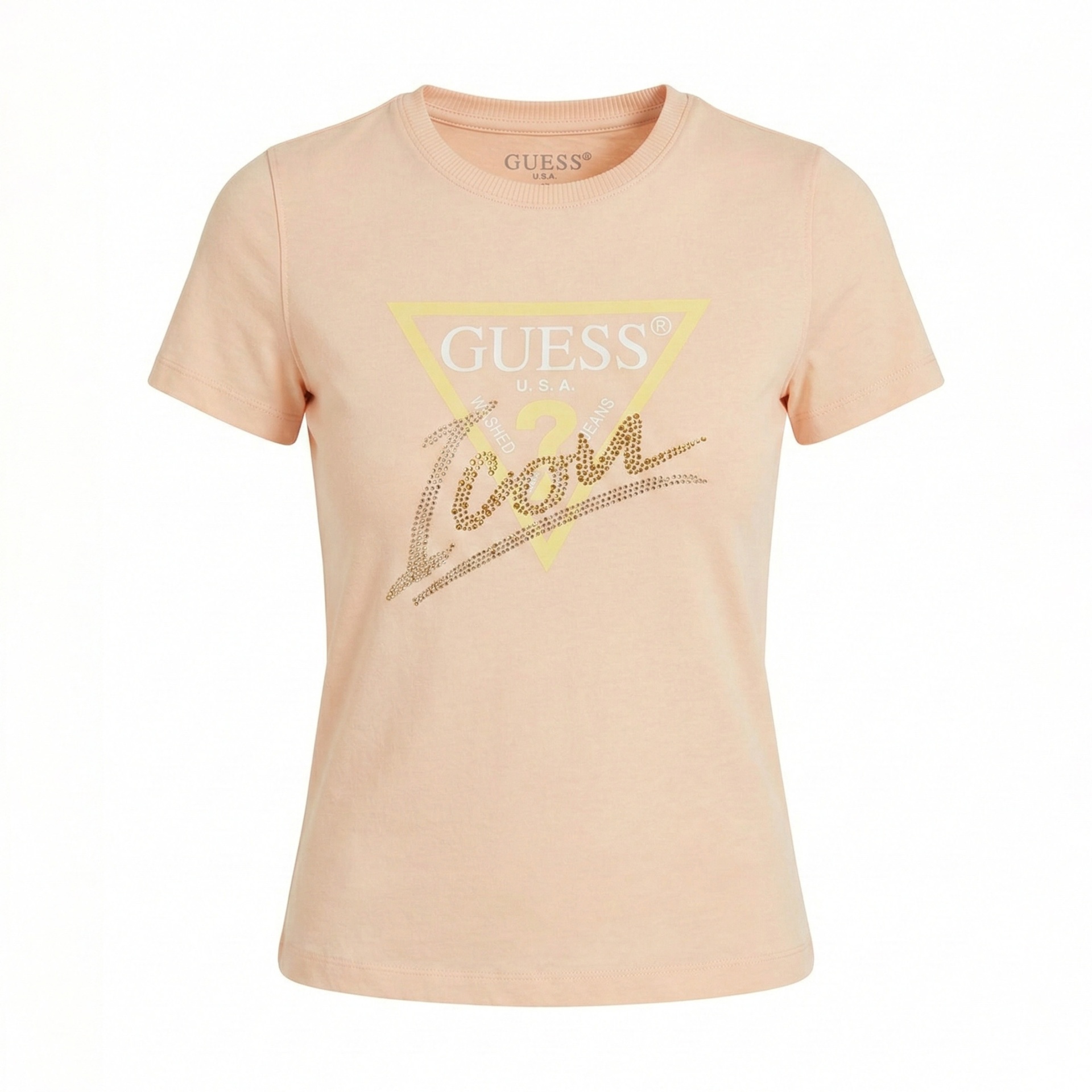 T-shirt feminina cor salmão com estampado frontal amarelo, branco e dourado