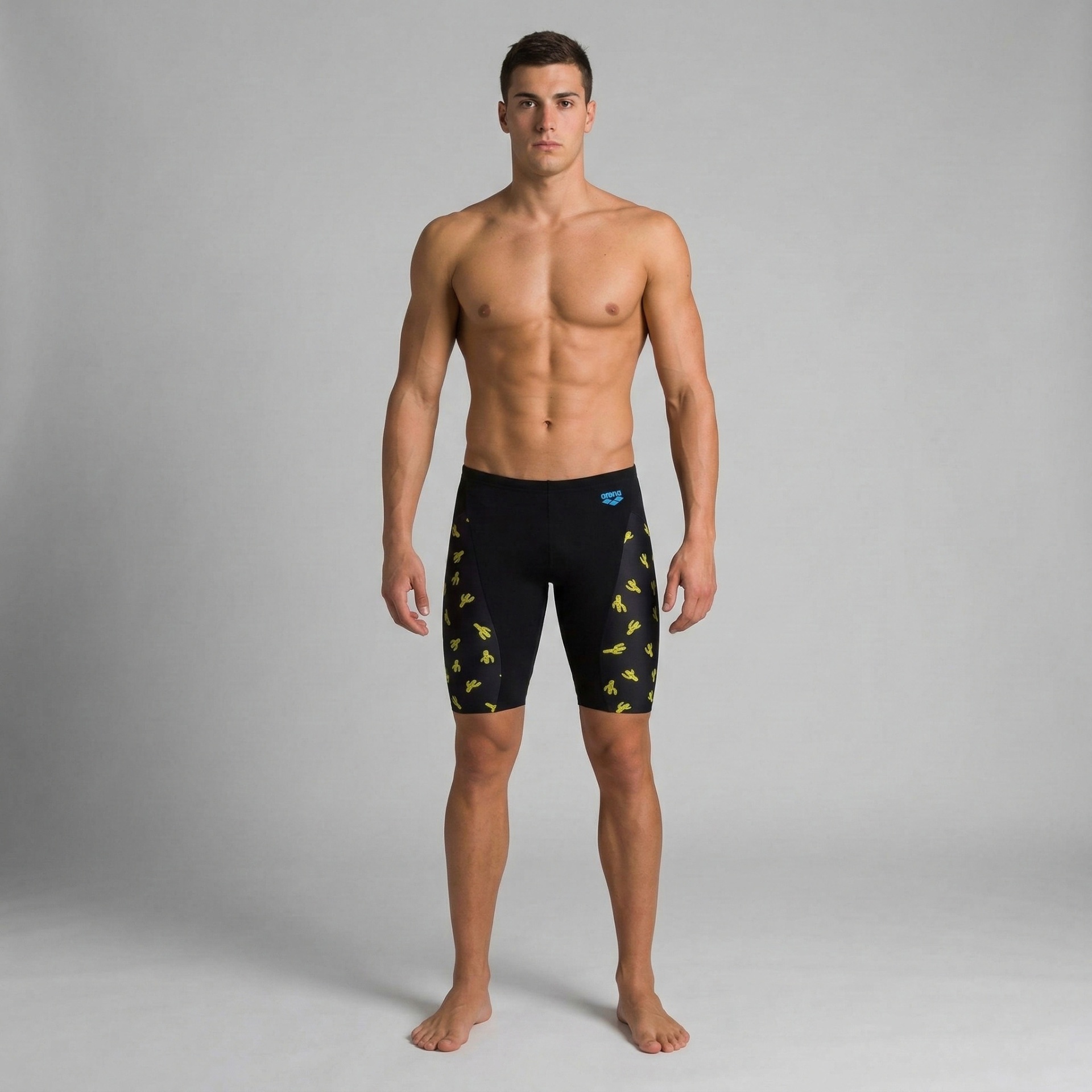 Calções de banho pretos com estampado amarelo de cactos e logo azul arena