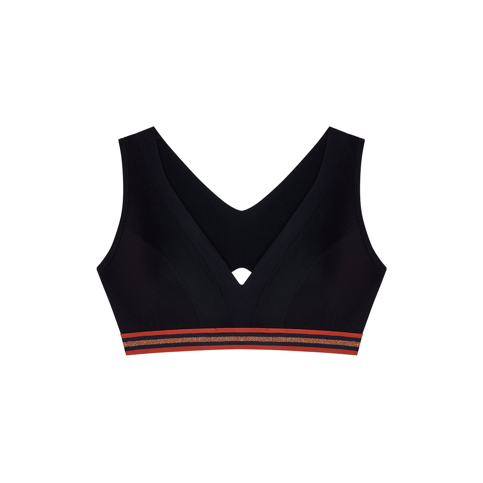 Top estilo sutiã preto com faixa elástica laranja e rosa