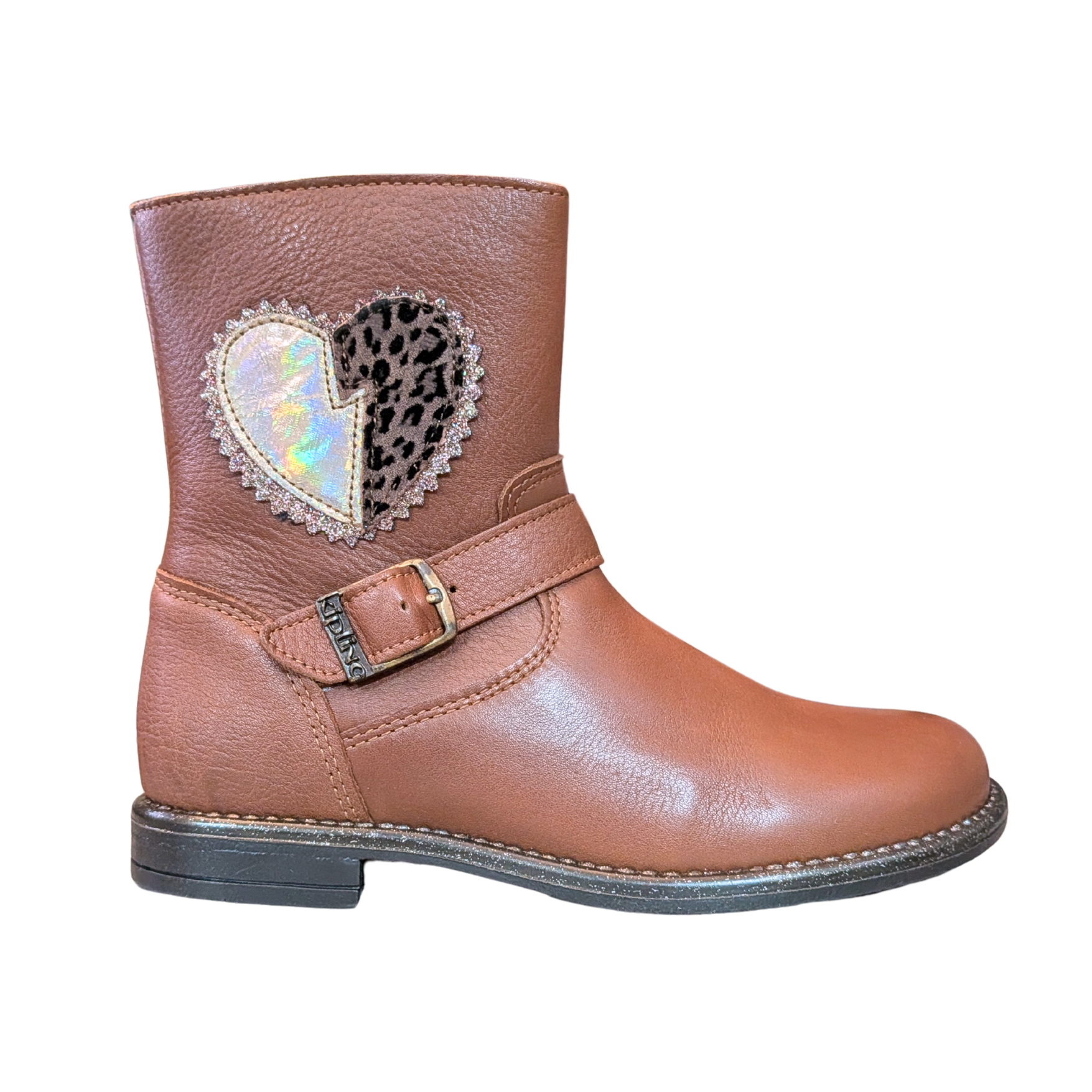 Bota castanha com coração holográfico e padrão animal