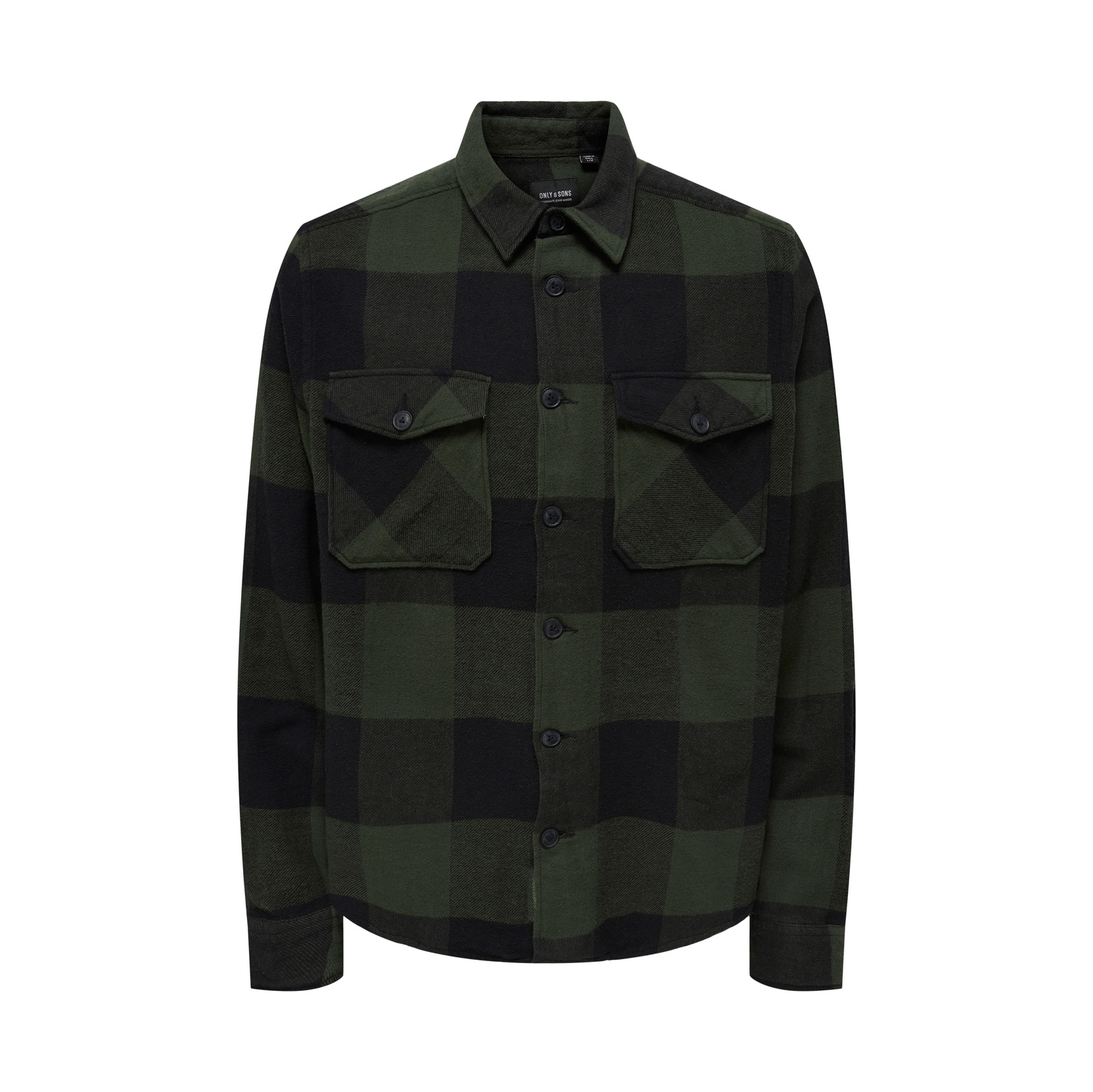 Camisa verde e preta xadrez com botões e bolsos no peito