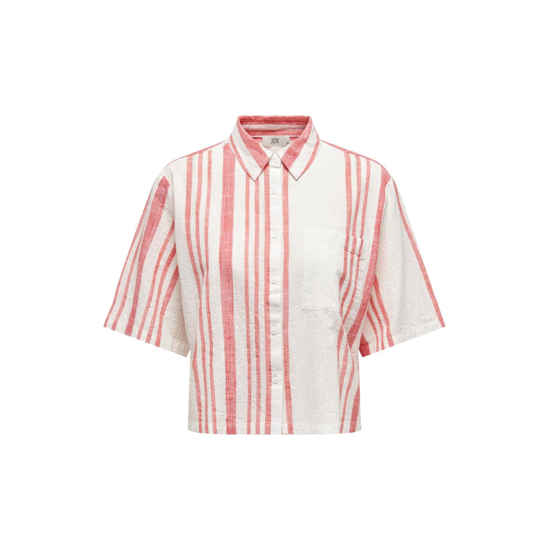 Camisa curta de riscas vermelhas e brancas com bolso e botões
