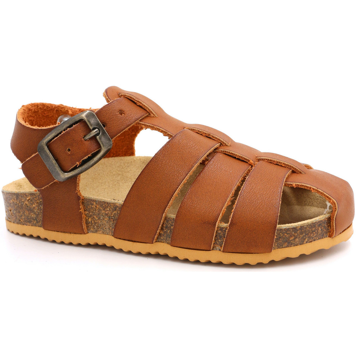 Sandália castanha para criança com tiras em couro sintético e fivela metálica
