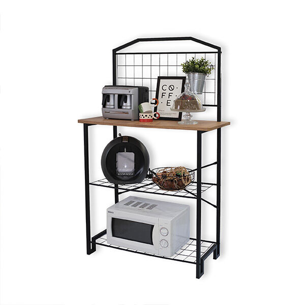 Estante de cozinha preta e madeira com micro-ondas, cafeteira, vela, cesta e quadro COFFEE