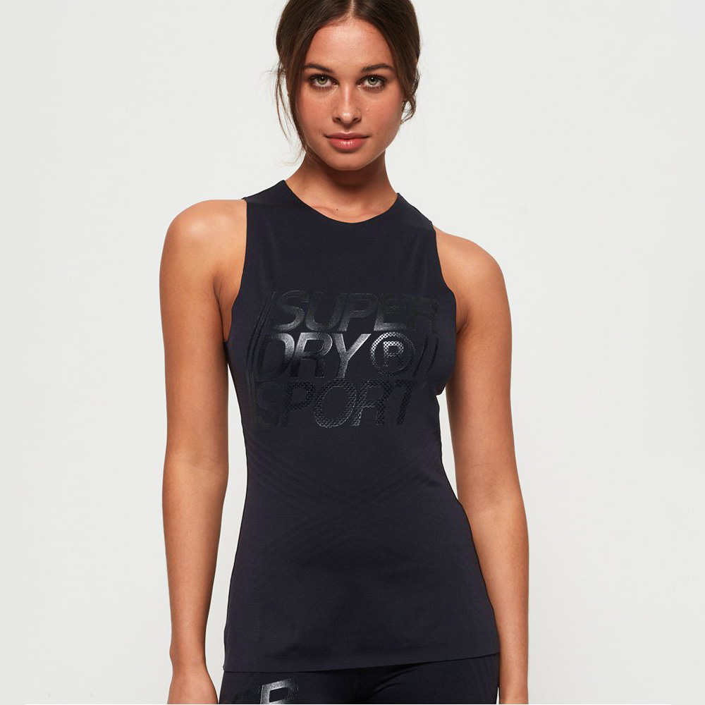 T-shirt desportiva preta sem mangas com texto brilhante SUPER DRY SPORT