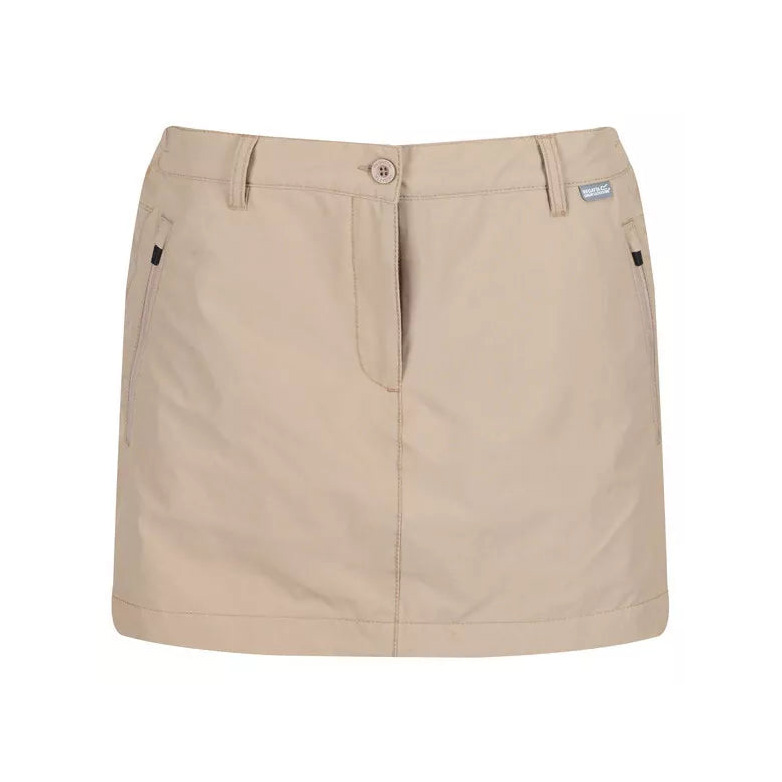 Mini saia bege com botão e bolsos