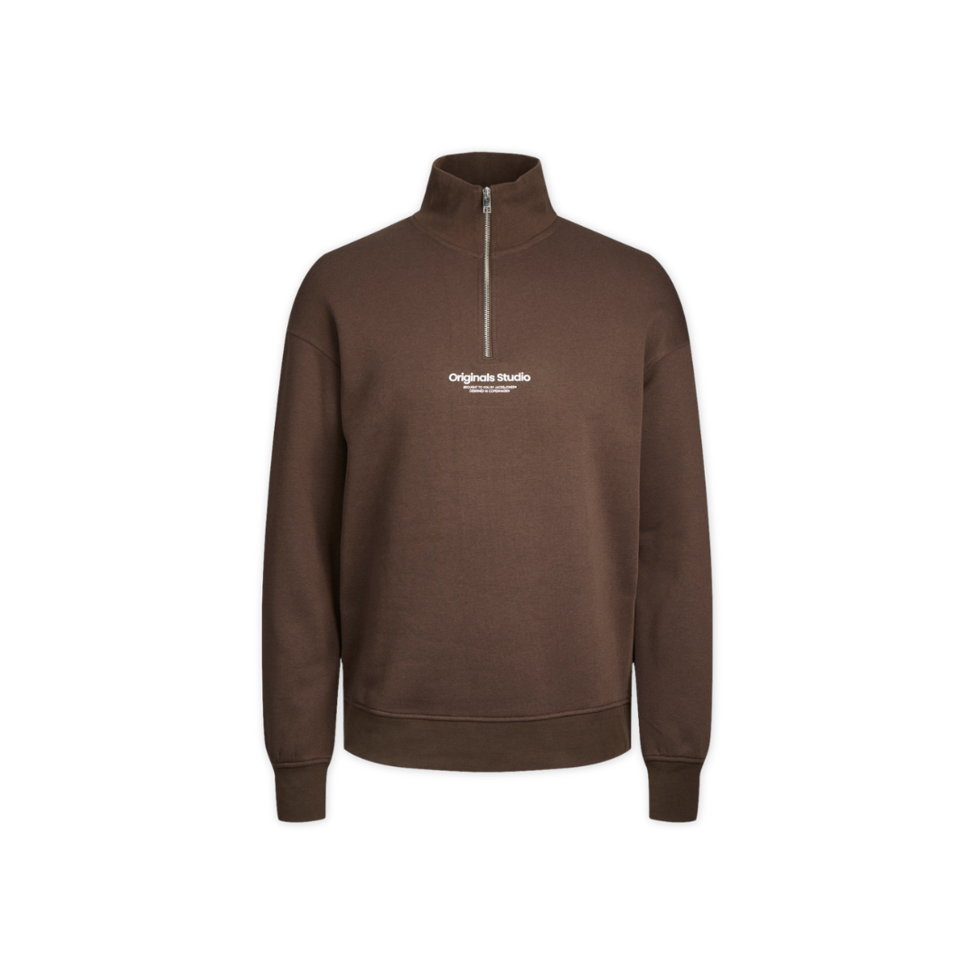 Camisola castanha com fecho de correr e texto branco ao centro