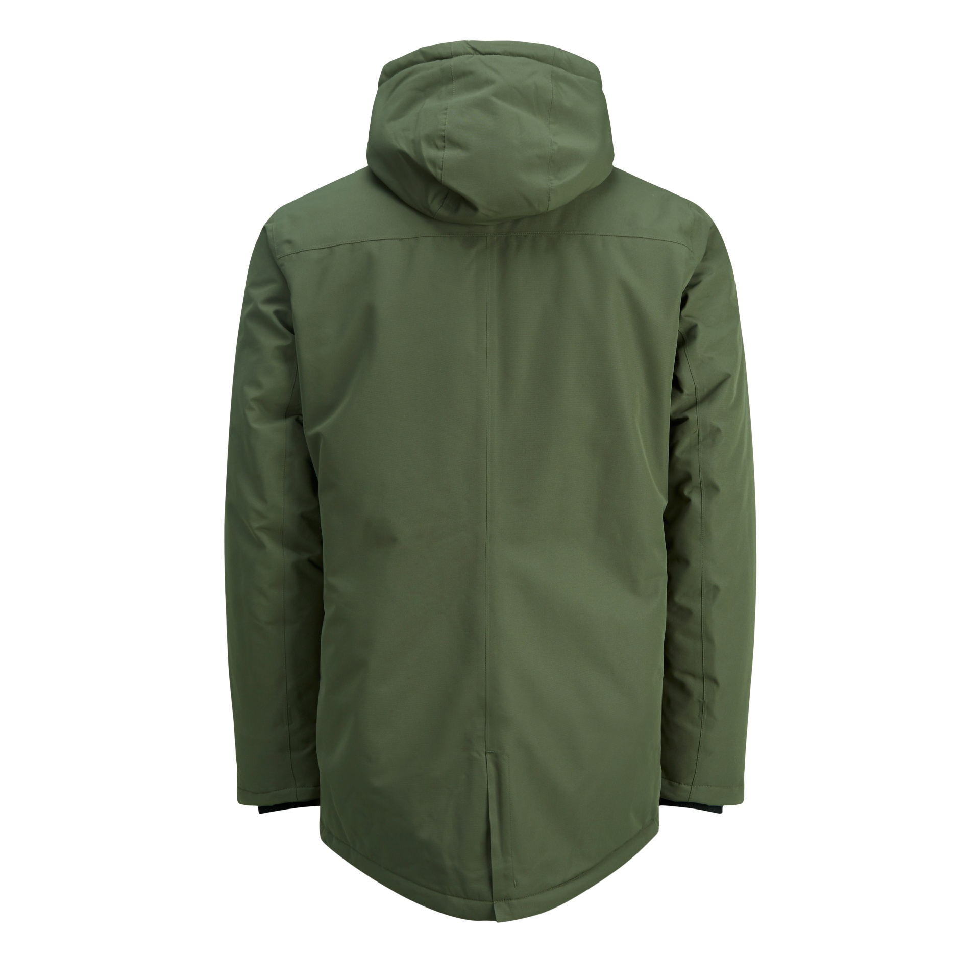 Casaco impermeável verde com capuz visto de costas