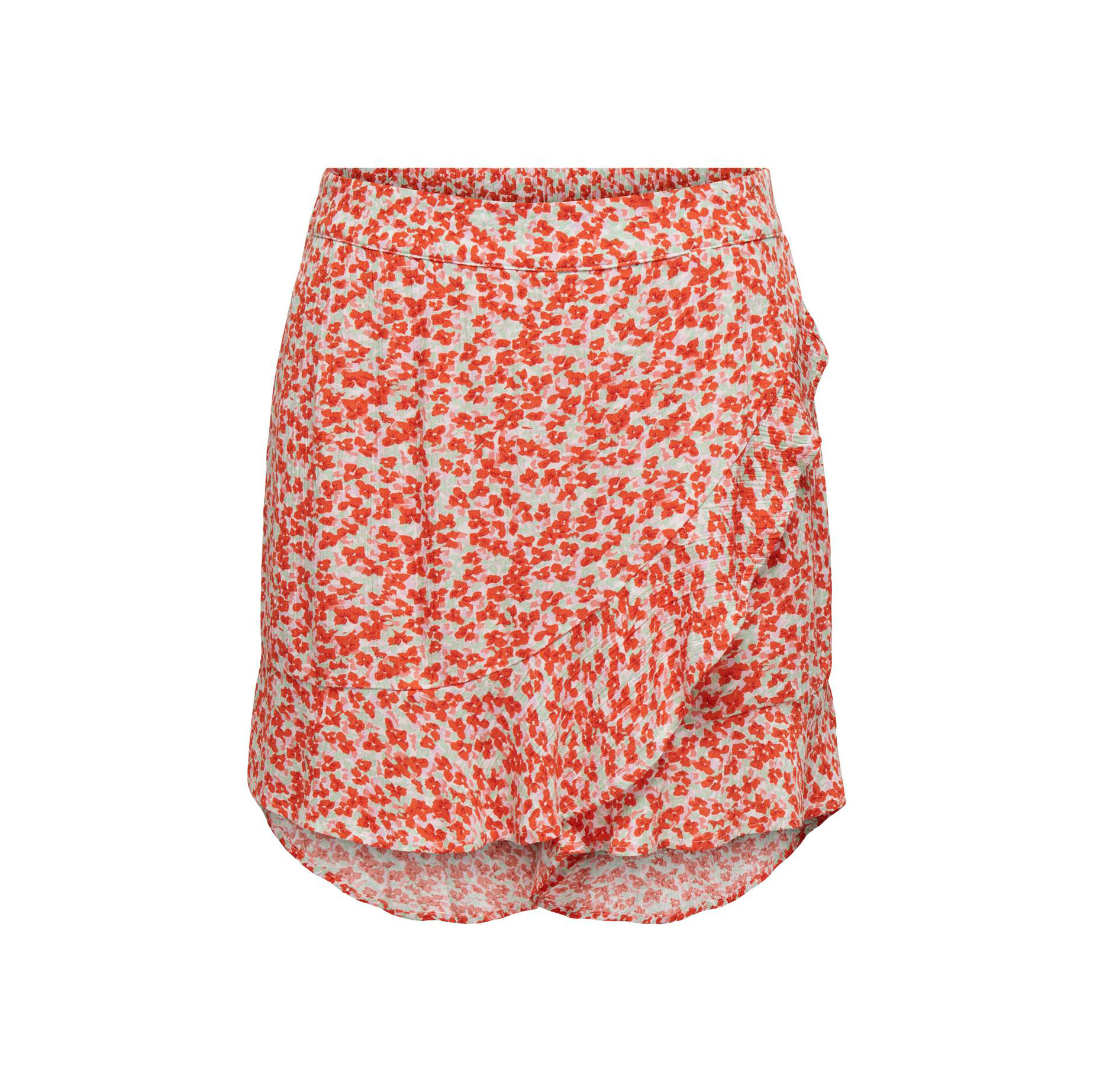 saia curta com padrão floral vermelho e branco