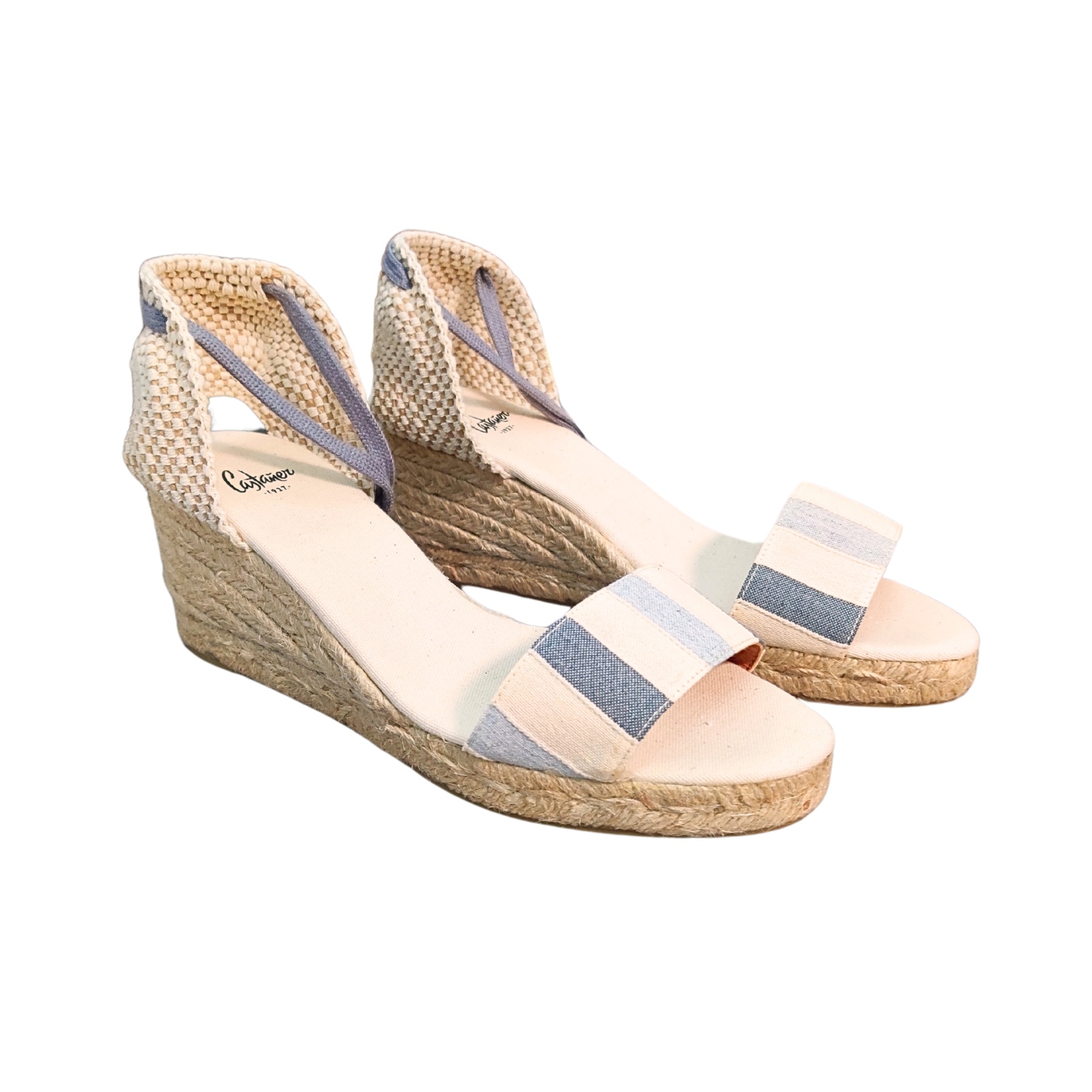 Sandálias de cunha com tiras às riscas azuis e brancas e sola de cortiça